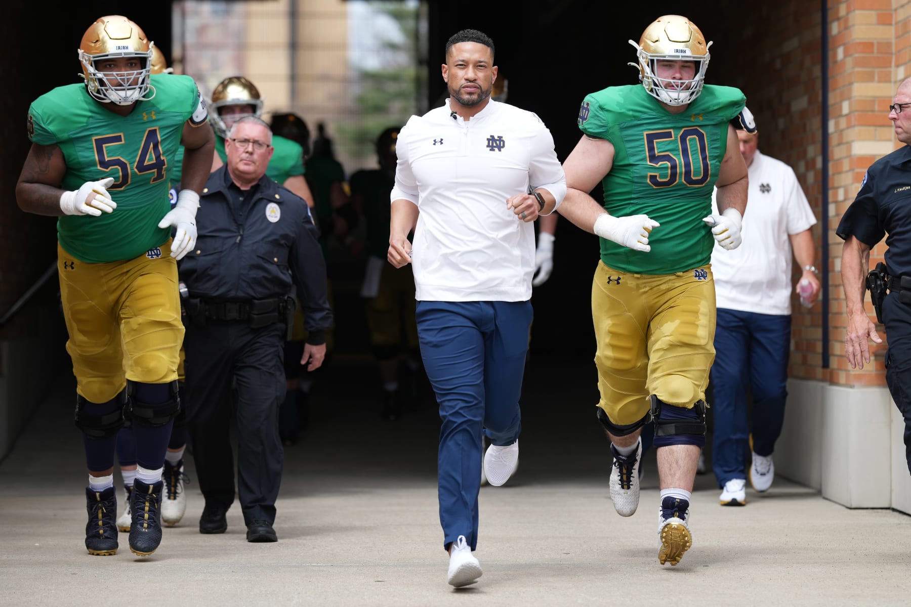 SOUTH BEND, IN - APRIL 23: Notre Dame Fighting Irish head coach Marcus Freeman looks on as he takes the field in action during the Notre Dame Blue-Gold Spring Football Game on April 23, 2022 at Notre Dame Stadium in South Bend, IN. (Photo by Robin Alam/Icon Sportswire via Getty Images)