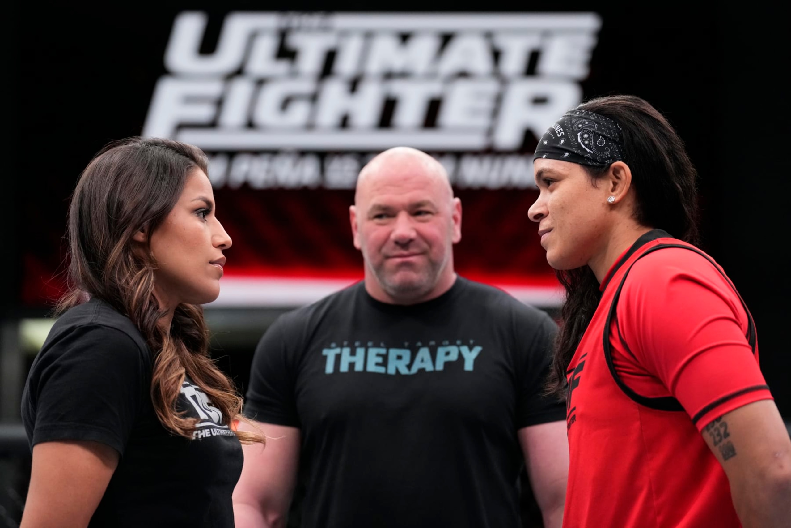 LAS VEGAS, NEVADA - MARCH 10:  (L-R) Julianna Pena and Amanda Nunes face off during the filming of The Ultimate Fighter at UFC APEX on March 10, 2022 in Las Vegas, Nevada. (Photo by Chris Unger/Zuffa LLC)