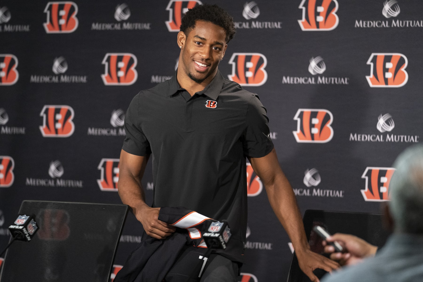 Cincinnati Bengal Daxton Hill speaks at a press conference introducing him as the NFL football team's first round pick in the 2022 NFL draft Friday, April 29, 2022, in Cincinnati. (AP Photo/Jeff Dean)