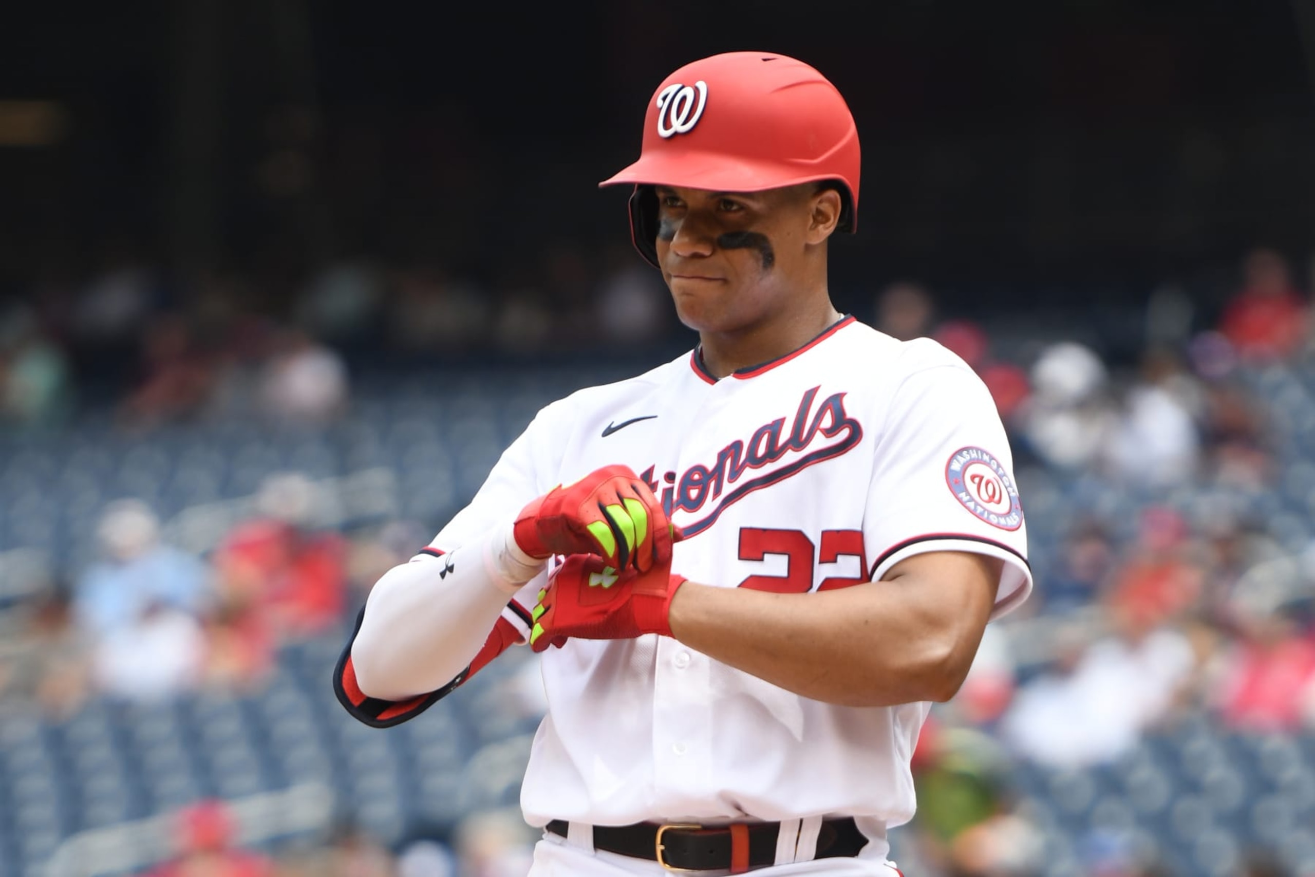 WASHINGTON, DC - JULY 17:  Juan Soto #22 of the Washington Nationals looks on during a baseball game against the Atlanta Braves at Nationals Park on July 17, 2022 in Washington, DC.  (Photo by Mitchell Layton/Getty Images)