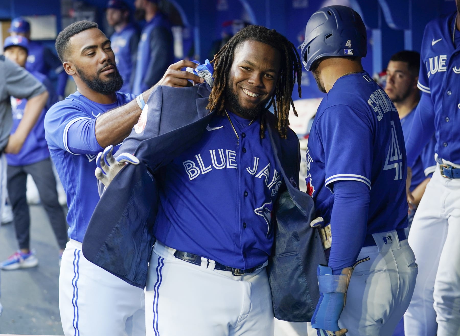TORONTO, ON - JULY 26: Vladimir Guerrero Jr. #27 of the Toronto Blue Jays celebrates his home run with the "Blue Jacket" with Vladimir Guerrero Jr. #27 against the St. Louis Cardinals in the first inning during their MLB game at the Rogers Centre on July 26, 2022 in Toronto, Ontario, Canada. (Photo by Mark Blinch/Getty Images)
