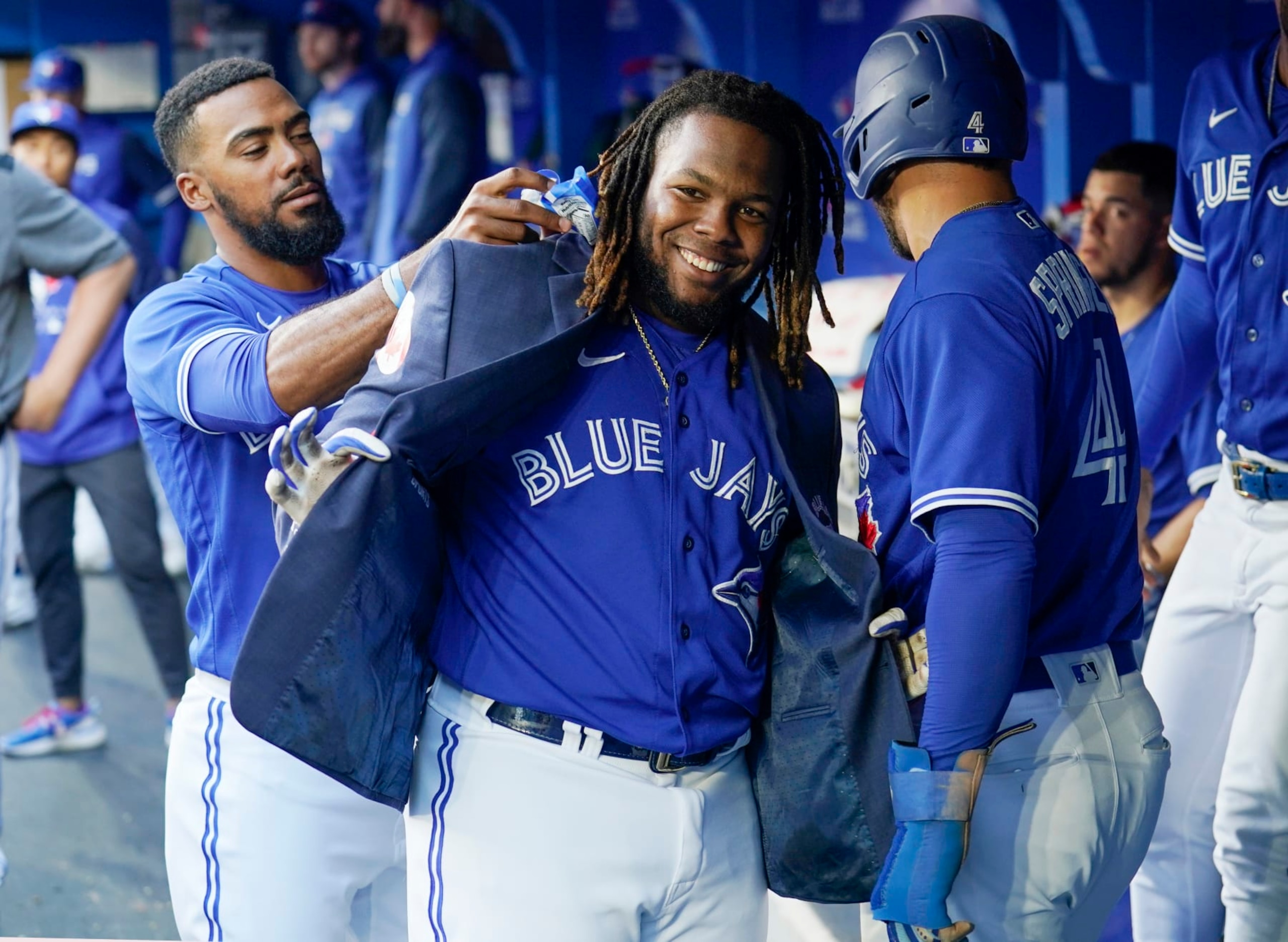 TORONTO, ON - JULY 26: Vladimir Guerrero Jr. #27 of the Toronto Blue Jays celebrates his home run with the "Blue Jacket" with Vladimir Guerrero Jr. #27 against the St. Louis Cardinals in the first inning during their MLB game at the Rogers Centre on July 26, 2022 in Toronto, Ontario, Canada. (Photo by Mark Blinch/Getty Images)