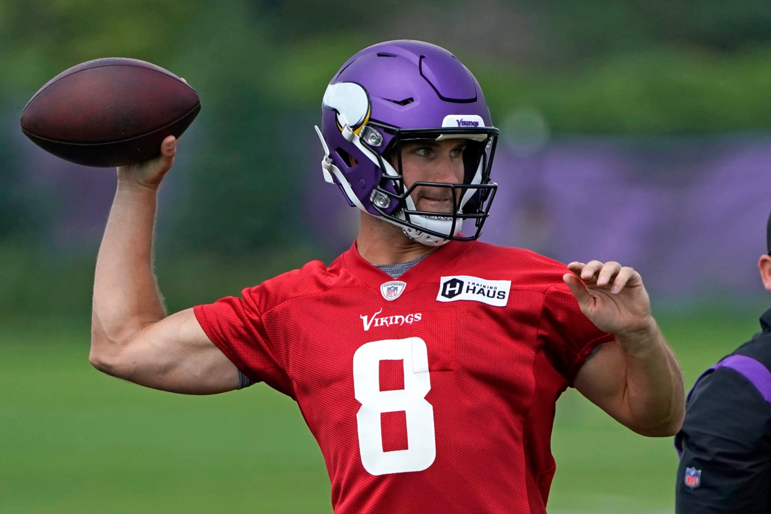 EAGAN, MN - JULY 27: Minnesota Vikings quarterback Kirk Cousins (8) makes a pass during the first day of Minnesota Vikings Training Camp at TCO Performance Center on July 27, 2022 in Eagan, Minnesota.(Photo by Nick Wosika/Icon Sportswire via Getty Images)