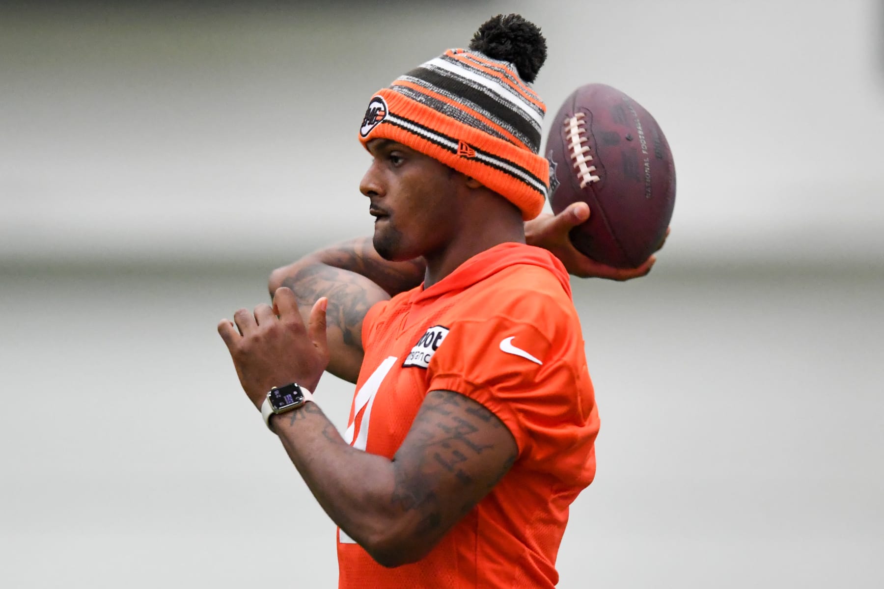 BEREA, OH - JULY 27: Deshaun Watson #4 of the Cleveland Browns throws a pass during Cleveland Browns training camp at CrossCountry Mortgage Campus on July 27, 2022 in Berea, Ohio. (Photo by Nick Cammett/Getty Images)