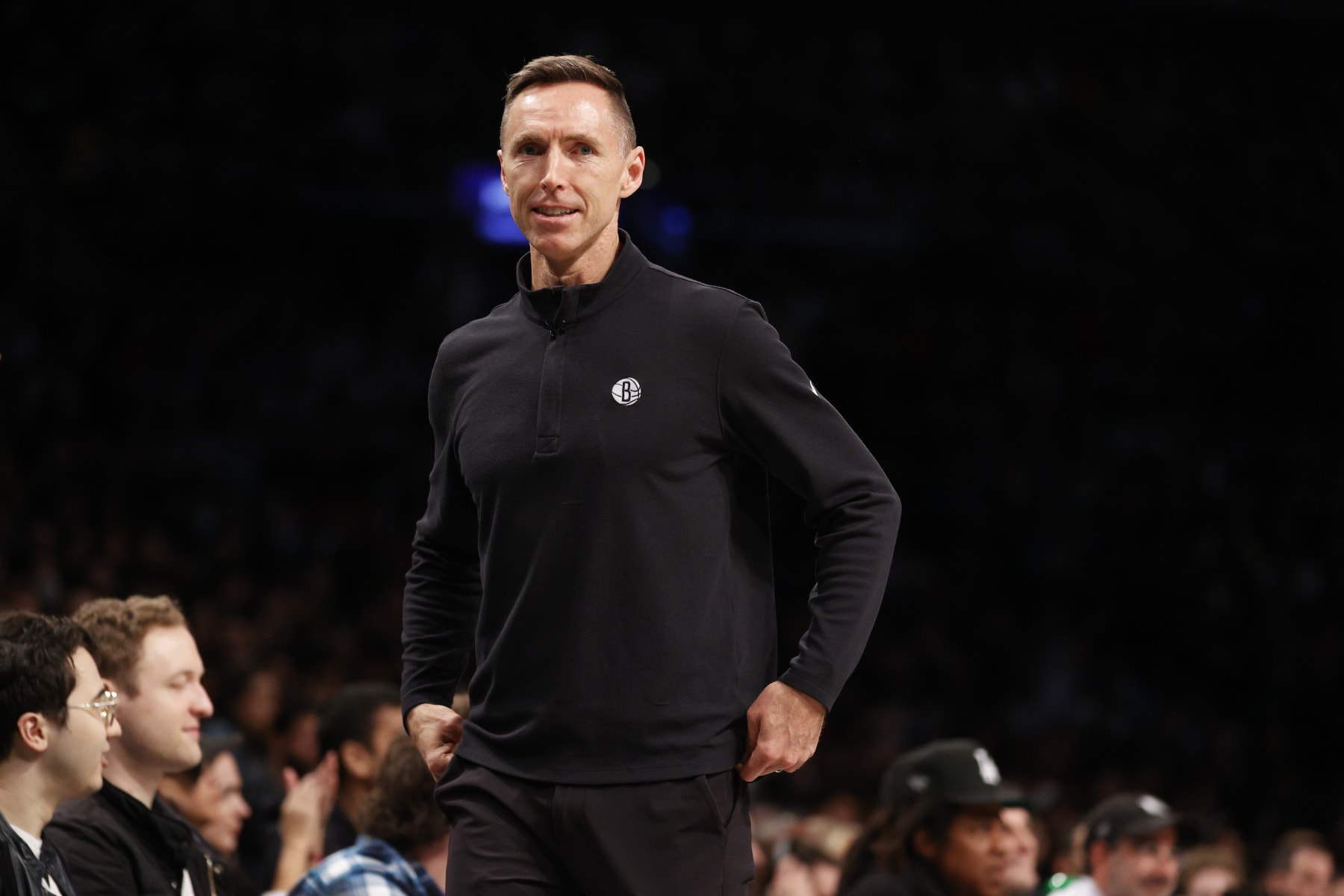 NEW YORK, NEW YORK - APRIL 12: Head coach Steve Nash of the Brooklyn Nets reacts during the second half of the Eastern Conference 2022 Play-In Tournament against the Cleveland Cavaliers at Barclays Center on April 12, 2022 in the Brooklyn borough of New York City. The Nets won 115-108. NOTE TO USER: User expressly acknowledges and agrees that, by downloading and or using this photograph, User is consenting to the terms and conditions of the Getty Images License Agreement. (Photo by Sarah Stier/Getty Images)
