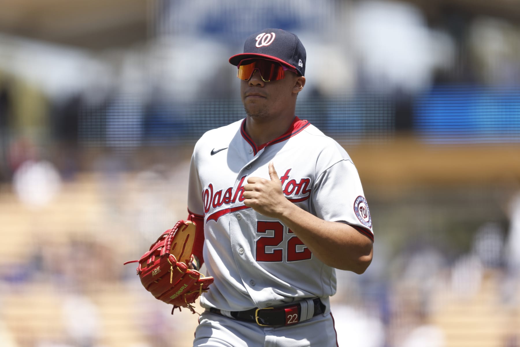 LOS ANGELES, CALIFORNIA - JULY 27: Juan Soto #22 of the Washington Nationals runs to the dugout during a game against the Los Angeles Dodgers in the fourth inning at Dodger Stadium on July 27, 2022 in Los Angeles, California. (Photo by Michael Owens/Getty Images)