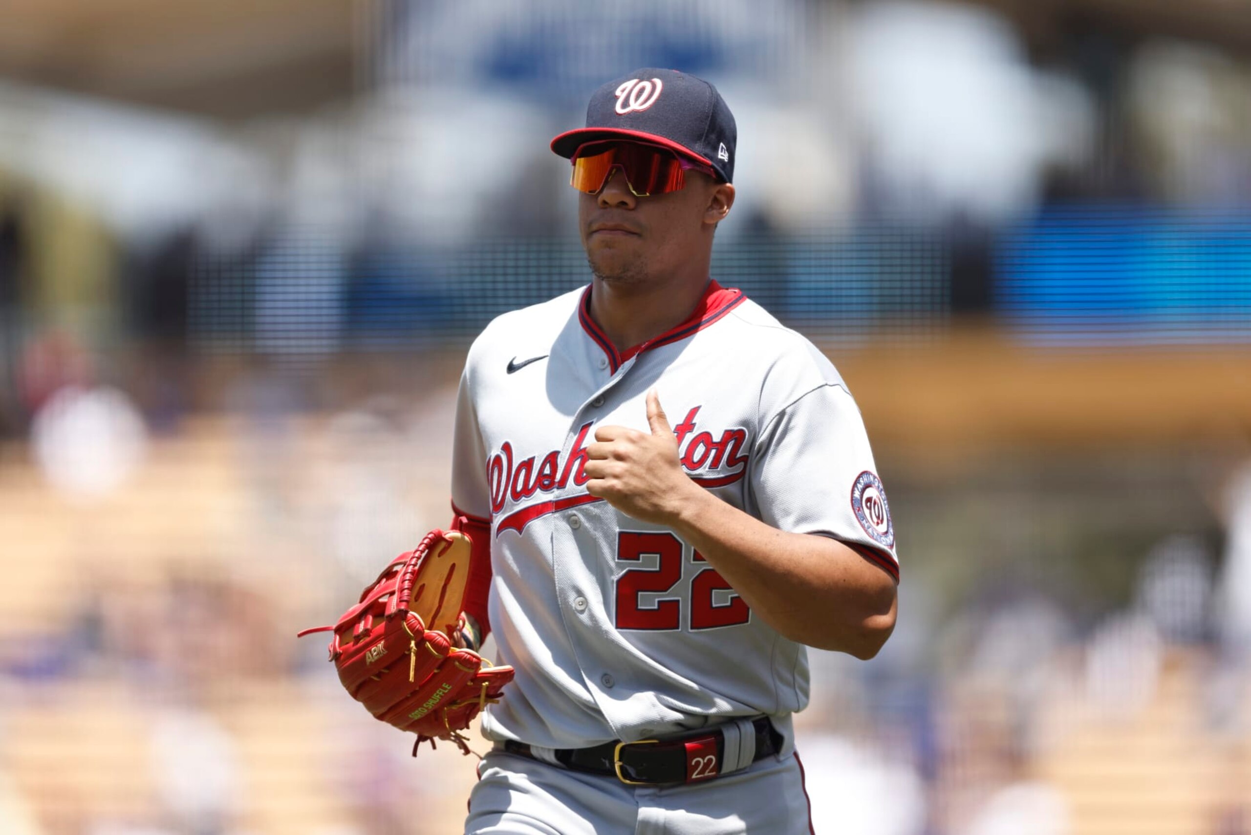 LOS ANGELES, CALIFORNIA - JULY 27: Juan Soto #22 of the Washington Nationals runs to the dugout during a game against the Los Angeles Dodgers in the fourth inning at Dodger Stadium on July 27, 2022 in Los Angeles, California. (Photo by Michael Owens/Getty Images)