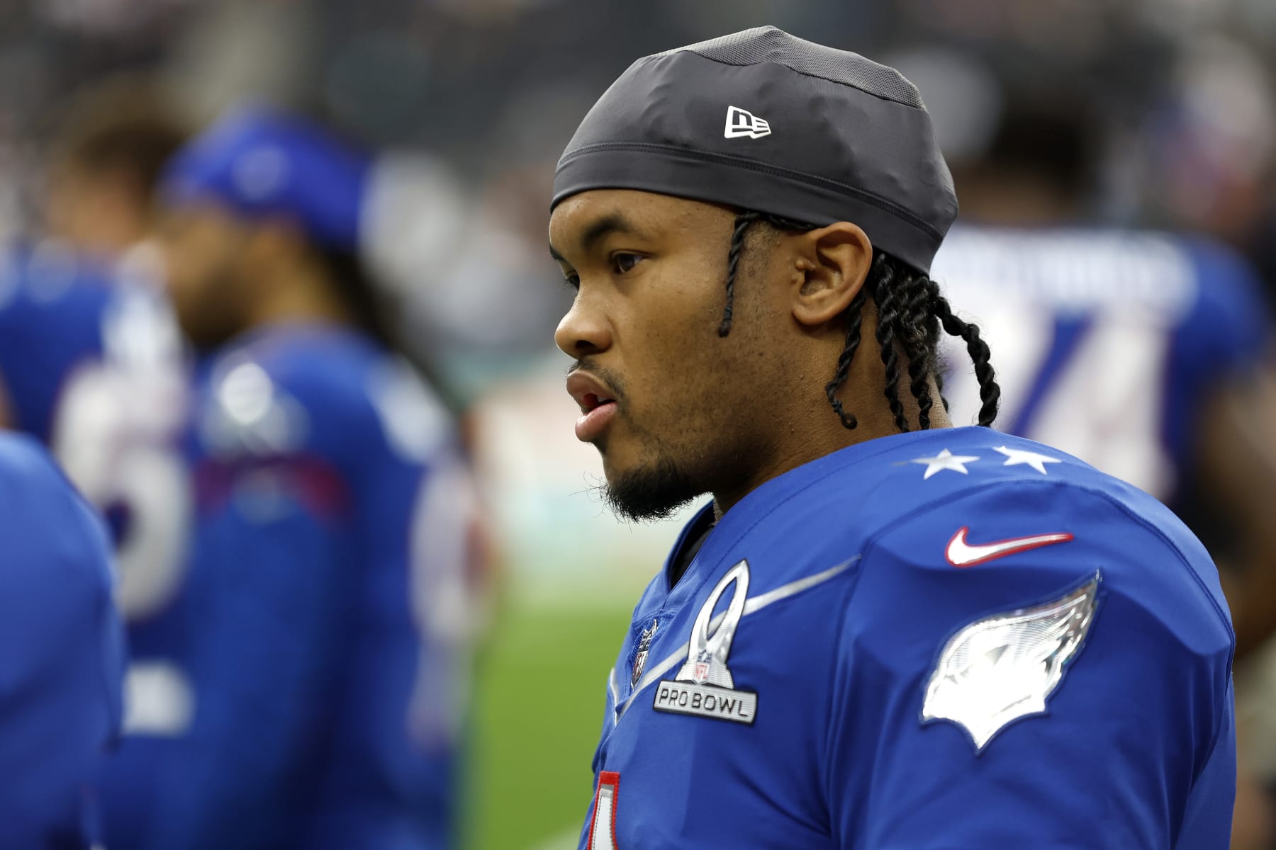 LAS VEGAS, NEVADA - FEBRUARY 06: Kyler Murray #1 of the Arizona Cardinals and NFC looks on before the 2022 NFL Pro Bowl at against the AFC Allegiant Stadium on February 06, 2022 in Las Vegas, Nevada. (Photo by Christian Petersen/Getty Images)