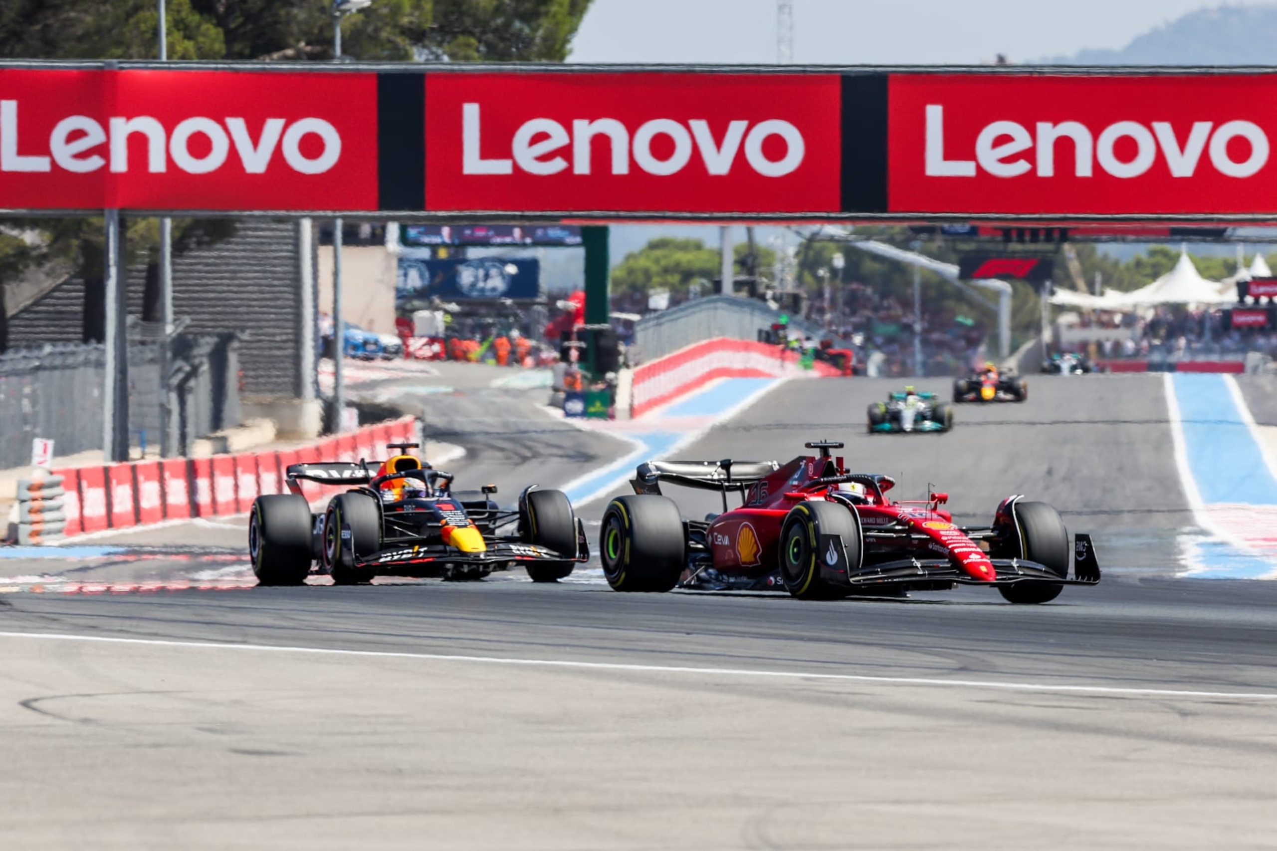 LE CASTELLET, FRANCE - JULY 24: Charles Leclerc of Ferrari and Monaco leads Max Verstappen of Red Bull Racing and The Netherlands during the F1 Grand Prix of France at Circuit Paul Ricard on July 24, 2022 in Le Castellet, France. (Photo by Peter J Fox/Getty Images) LE CASTELLET, FRANCE - JULY 24: Charles Leclerc of Ferrari and Monaco leads Max Verstappen of Red Bull Racing and The Netherlands during the F1 Grand Prix of France at Circuit Paul Ricard on July 24, 2022 in Le Castellet, France. (Photo by Peter J Fox/Getty Images)