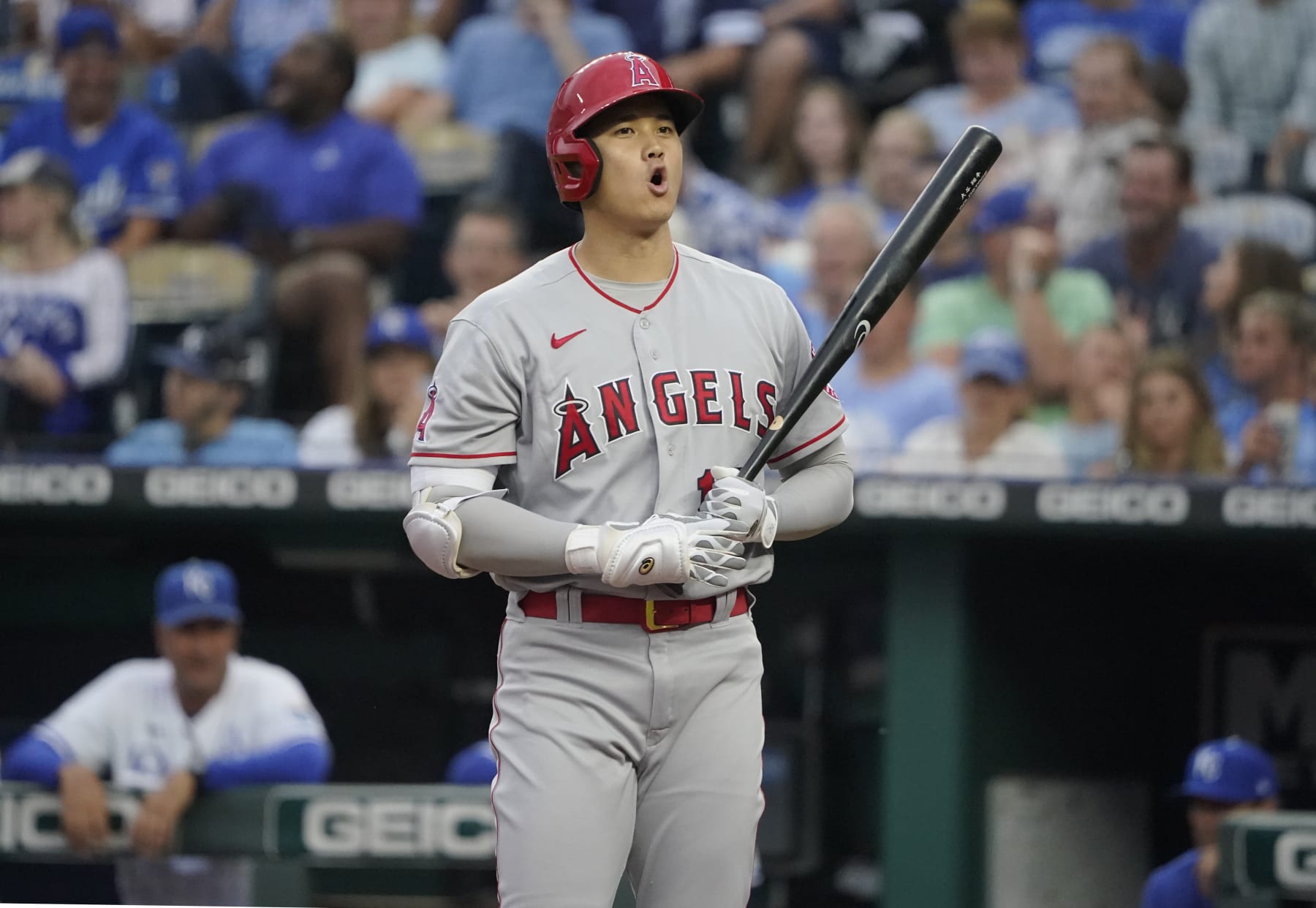 KANSAS CITY, MO - JULY 26: Shohei Ohtani #17 of the Los Angeles Angels reacts to a strike call in the third inning against the Kansas City Royals at Kauffman Stadium on July 26, 2022, in Kansas City, Missouri. (Photo by Ed Zurga/Getty Images)