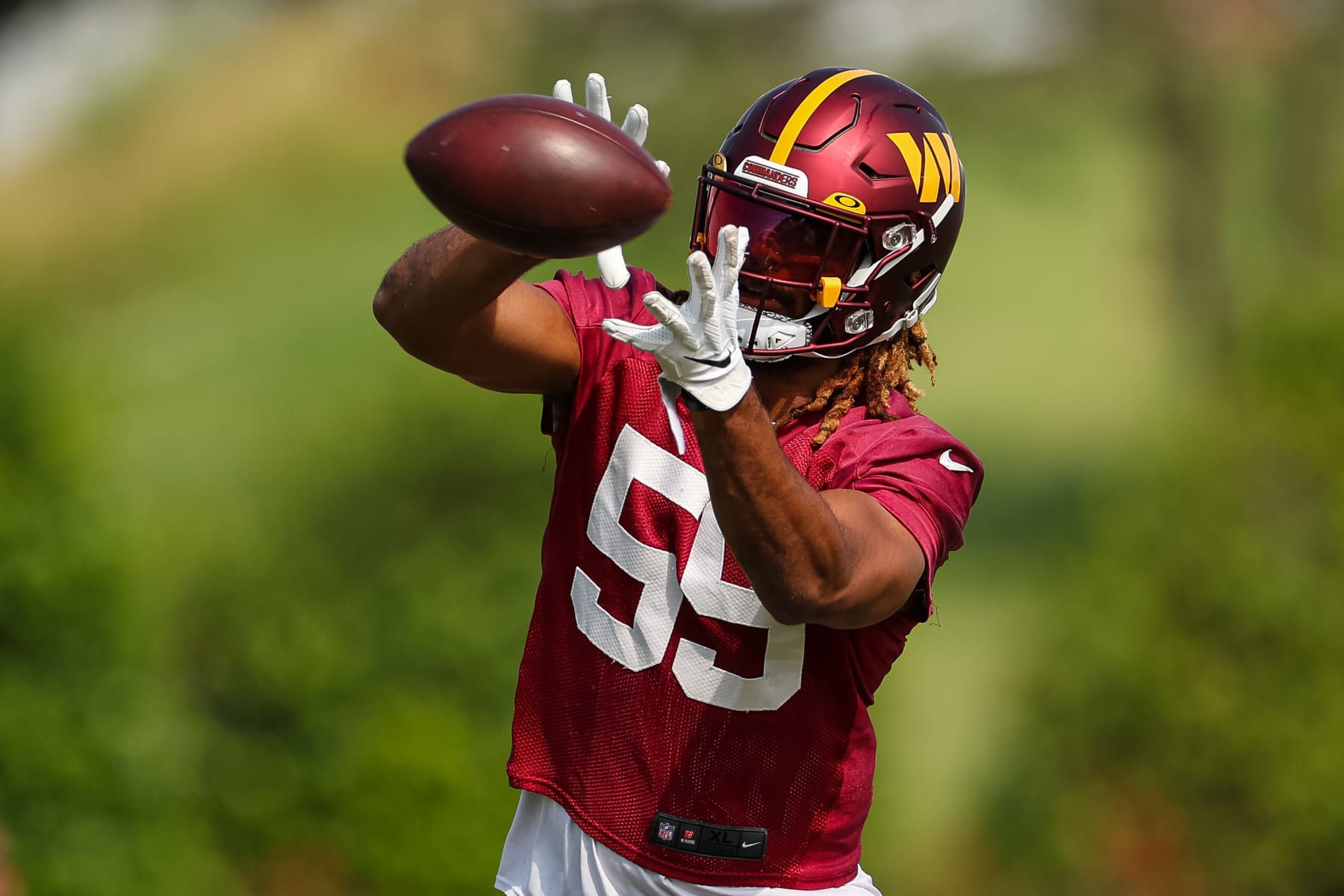 ASHBURN, VA - JUNE 16: Bryce Notree #59 of the Washington Commanders participates in a drill during the organized team activity at INOVA Sports Performance Center on June 16, 2022 in Ashburn, Virginia. (Photo by Scott Taetsch/Getty Images)