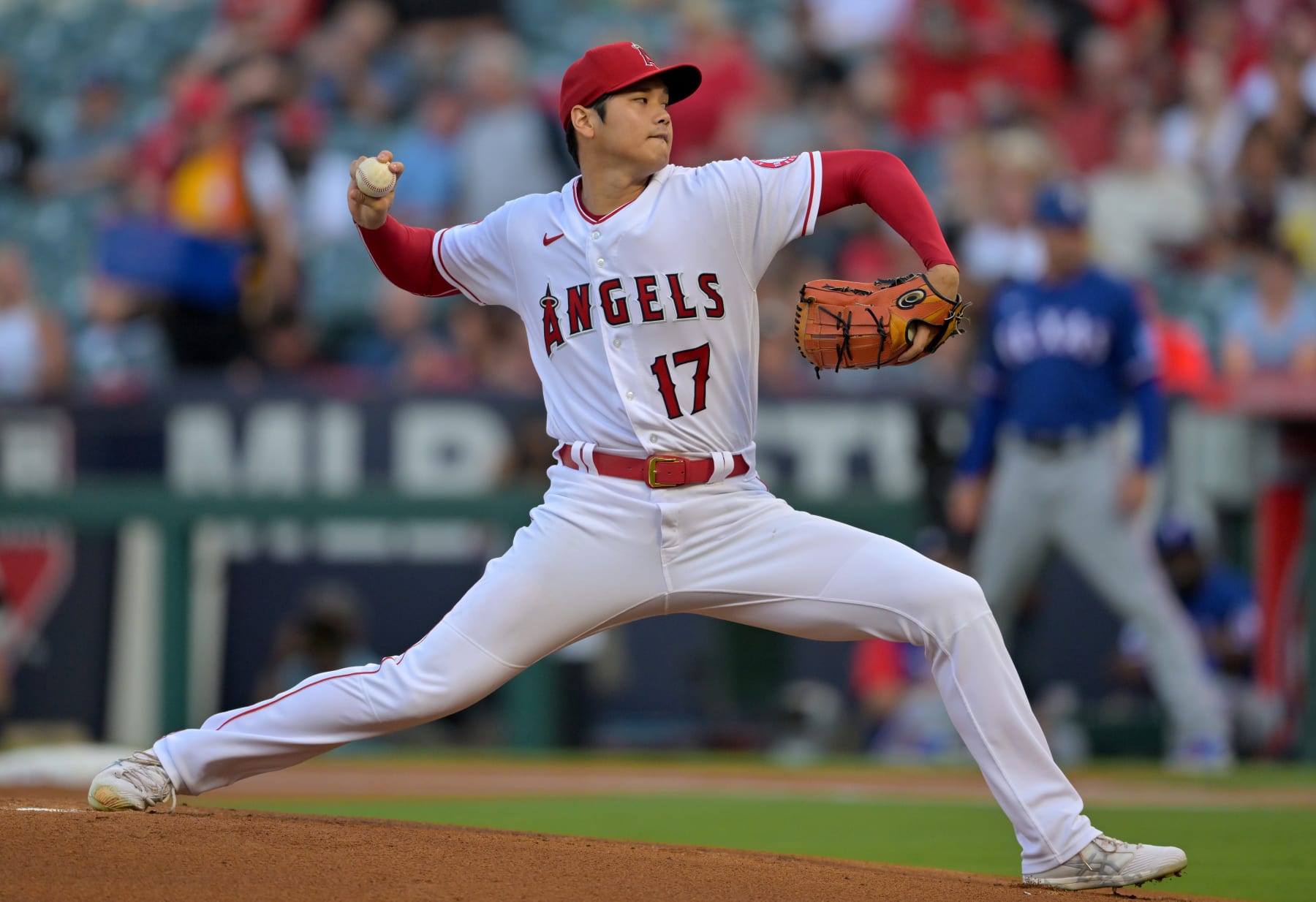 ANAHEIM, CA - JULY 28: Shohei Ohtani #17 of the Los Angeles Angels pitches in the first inning against the Texas Rangers at Angel Stadium of Anaheim on July 28, 2022 in Anaheim, California. (Photo by Jayne Kamin-Oncea/Getty Images)