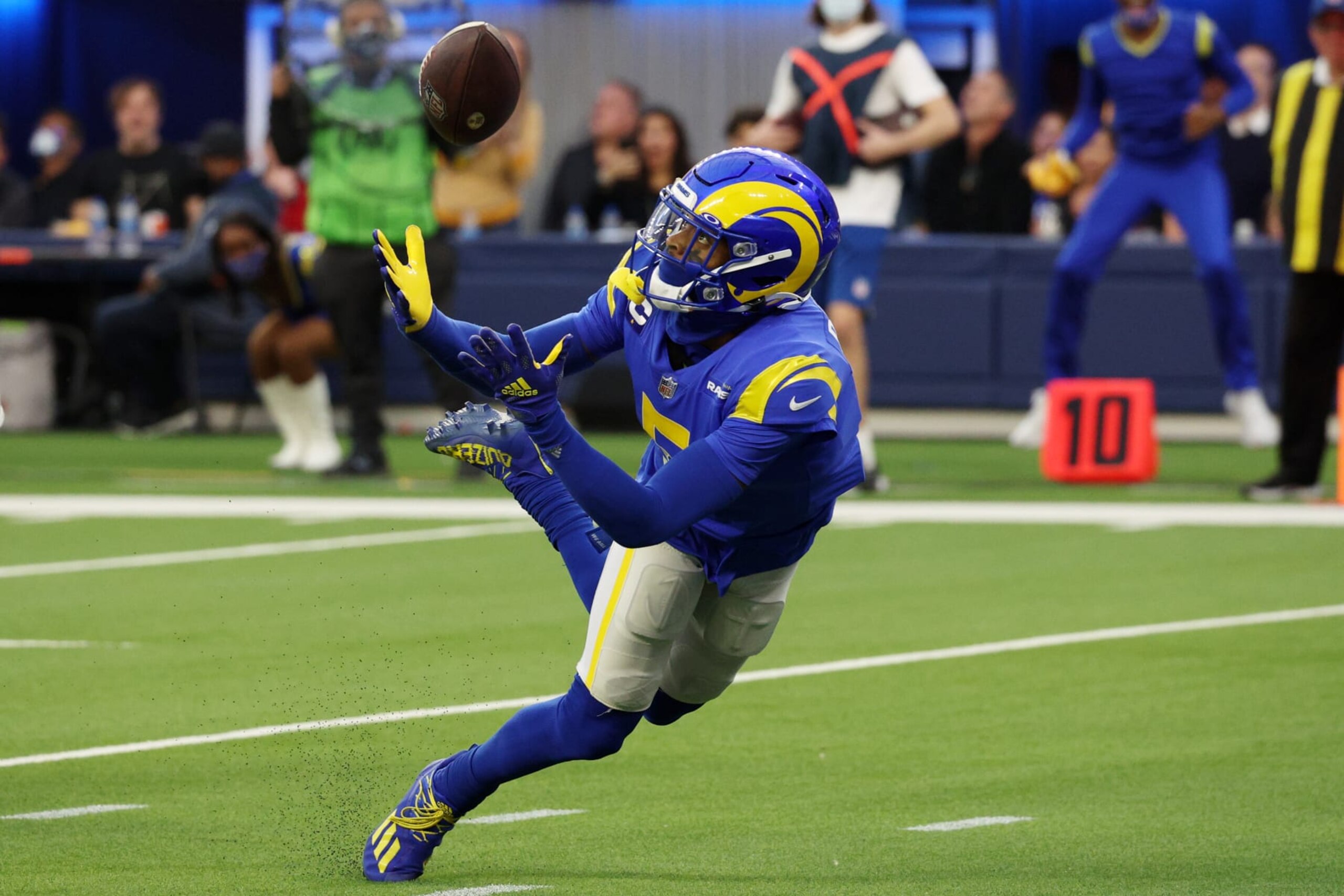 INGLEWOOD, CALIFORNIA - JANUARY 09: Jalen Ramsey #5 of the Los Angeles Rams catches the ball for an interception in the fourth quarter of the game against the San Francisco 49ers at SoFi Stadium on January 09, 2022 in Inglewood, California. (Photo by Harry How/Getty Images)