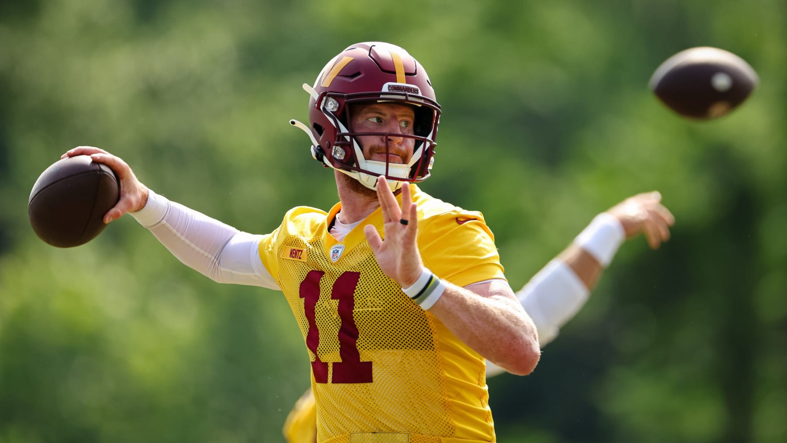 ASHBURN, VA - JUNE 16: Carson Wentz #11 of the Washington Commanders participates in a drill during the organized team activity at INOVA Sports Performance Center on June 16, 2022 in Ashburn, Virginia. (Photo by Scott Taetsch/Getty Images) ASHBURN, VA - JUNE 16: Carson Wentz #11 of the Washington Commanders participates in a drill during the organized team activity at INOVA Sports Performance Center on June 16, 2022 in Ashburn, Virginia. (Photo by Scott Taetsch/Getty Images)