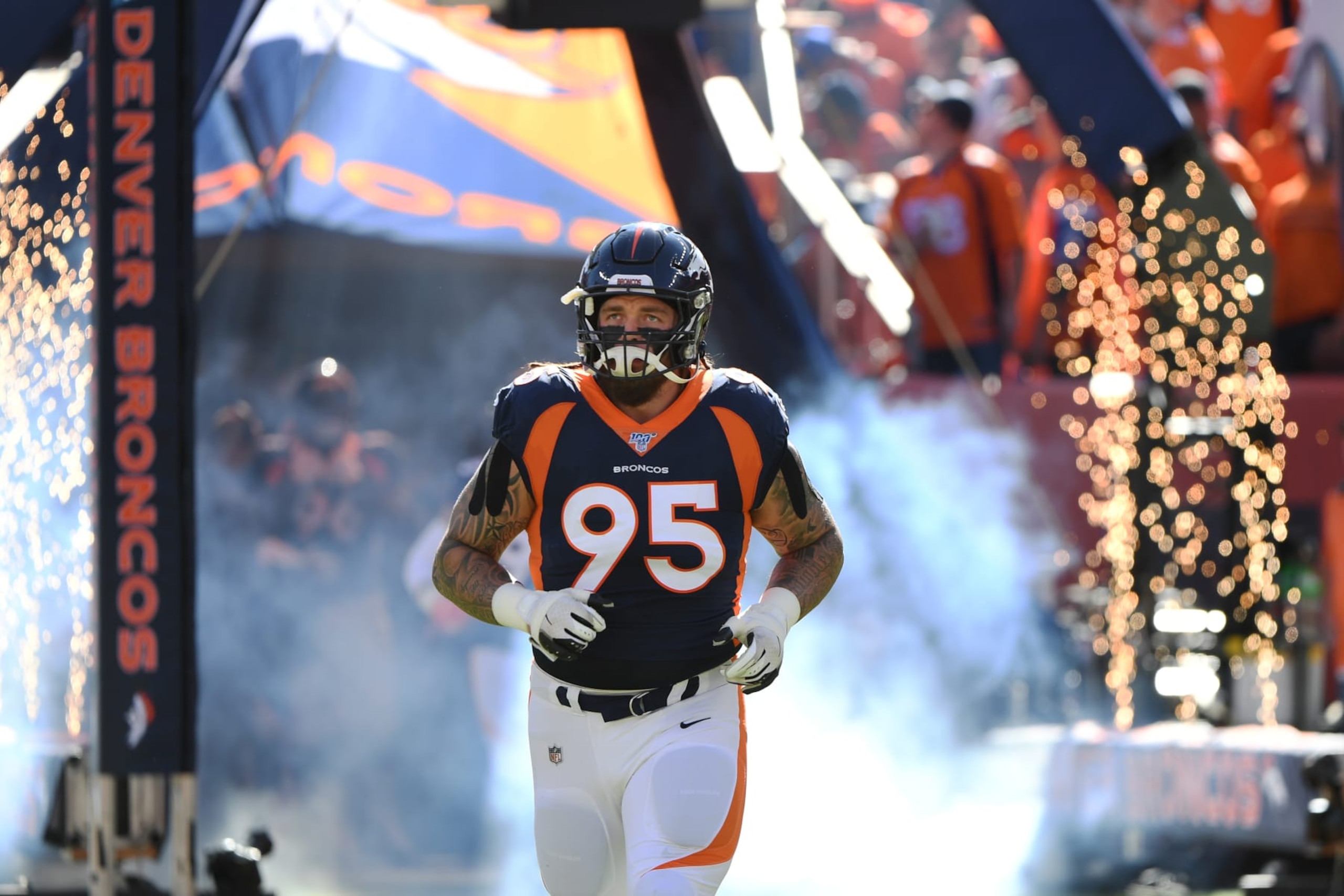 DENVER, CO - OCTOBER 13: Denver Broncos defensive end Derek Wolfe #95 as the Broncos take the field for their game against the Tennessee Titans at Empower Field at Mile High in Denver, Colorado on October 13, 2019. (Photo by Joe Amon/MediaNews Group/The Denver Post via Getty Images"n