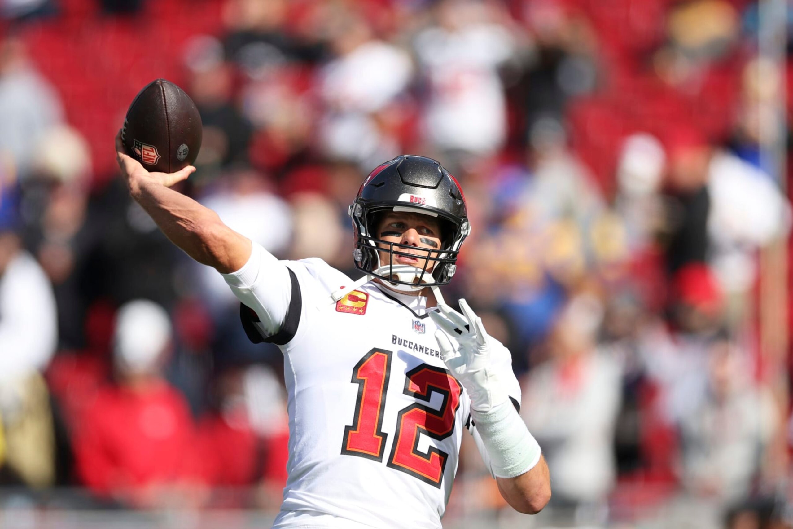 Football: NFL Playoffs: Tampa Bay Buccaneers QB Tom Brady (12) warming up before game vs Los Angeles Rams at Raymond James Stadium. Tampa, FL 1/23/2022 CREDIT: Simon Bruty (Photo by Simon Bruty/Sports Illustrated via Getty Images) (Set Number: X163913 TK1) Football: NFL Playoffs: Tampa Bay Buccaneers QB Tom Brady (12) warming up before game vs Los Angeles Rams at Raymond James Stadium. Tampa, FL 1/23/2022 CREDIT: Simon Bruty (Photo by Simon Bruty/Sports Illustrated via Getty Images) (Set Number: X163913 TK1)