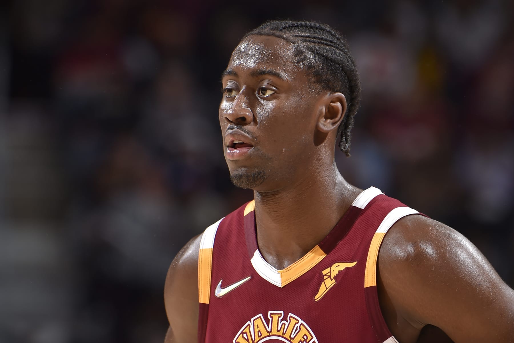 CLEVELAND, OH - APRIL 15: Caris LeVert #3 of the Cleveland Cavaliers looks on against the Atlanta Hawks during the 2022 Play-In Tournament on April 15, 2022 at Rocket Mortgage FieldHouse in Cleveland, Ohio. NOTE TO USER: User expressly acknowledges and agrees that, by downloading and/or using this Photograph, user is consenting to the terms and conditions of the Getty Images License Agreement. Mandatory Copyright Notice: Copyright 2022 NBAE (Photo by David Liam Kyle/NBAE via Getty Images)