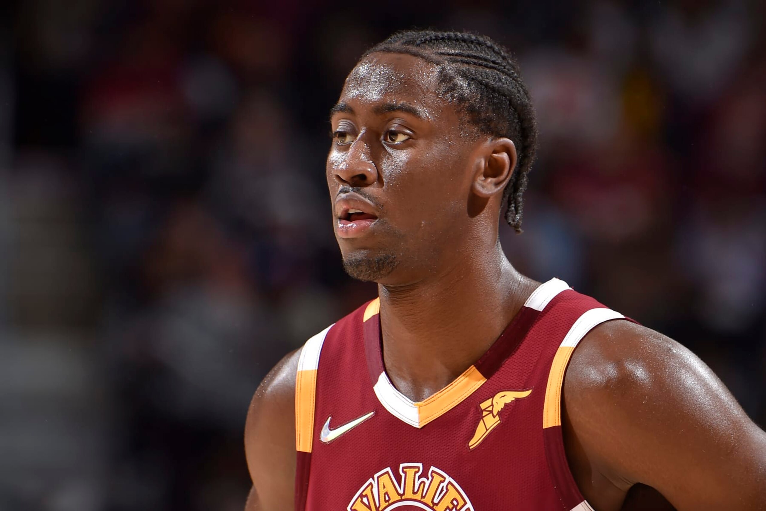 CLEVELAND, OH - APRIL 15: Caris LeVert #3 of the Cleveland Cavaliers looks on against the Atlanta Hawks during the 2022 Play-In Tournament on April 15, 2022 at Rocket Mortgage FieldHouse in Cleveland, Ohio. NOTE TO USER: User expressly acknowledges and agrees that, by downloading and/or using this Photograph, user is consenting to the terms and conditions of the Getty Images License Agreement. Mandatory Copyright Notice: Copyright 2022 NBAE (Photo by David Liam Kyle/NBAE via Getty Images)