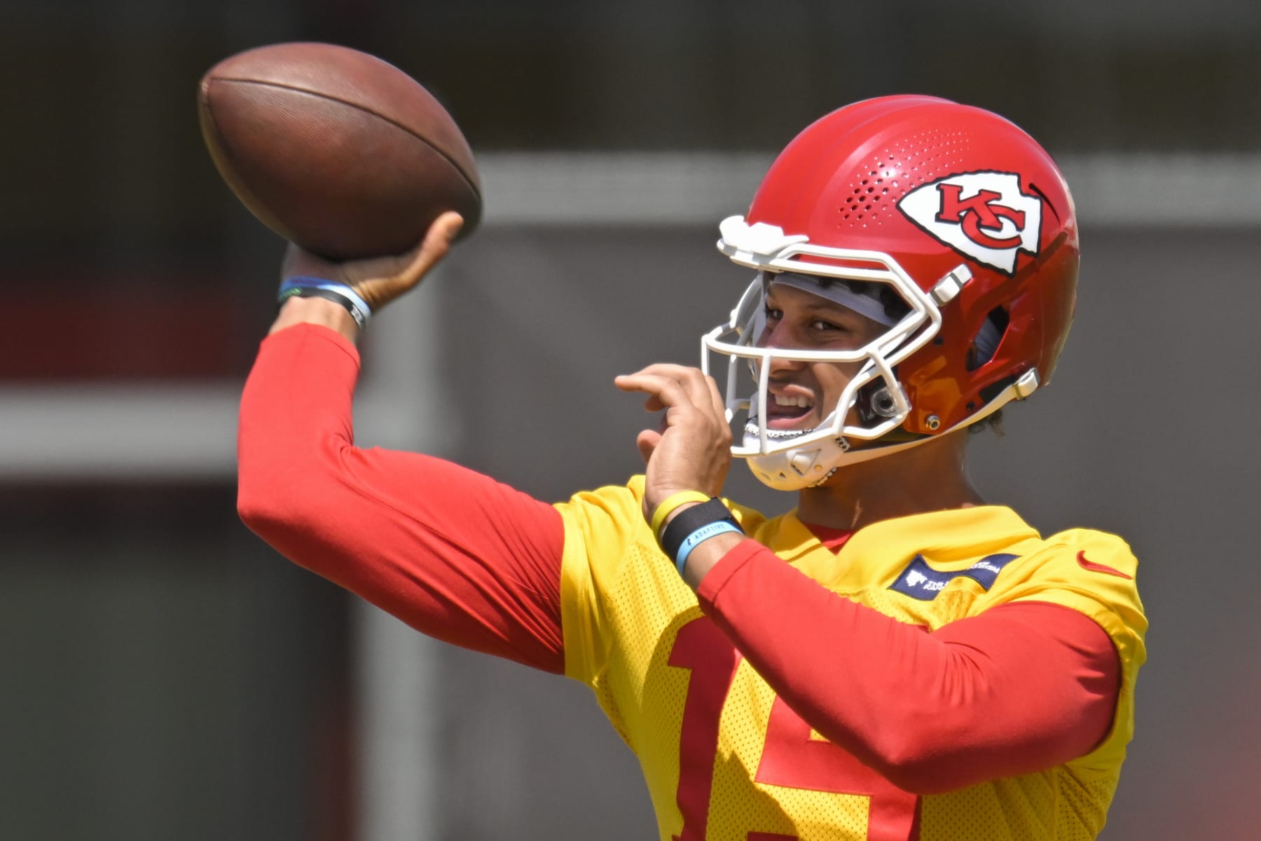 Kansas City Chiefs quarterback Patrick Mahomes throws during drills at the NFL football team's mandatory minicamp Tuesday, June 14, 2022, in Kansas City, Mo. (AP Photo/Reed Hoffmann)