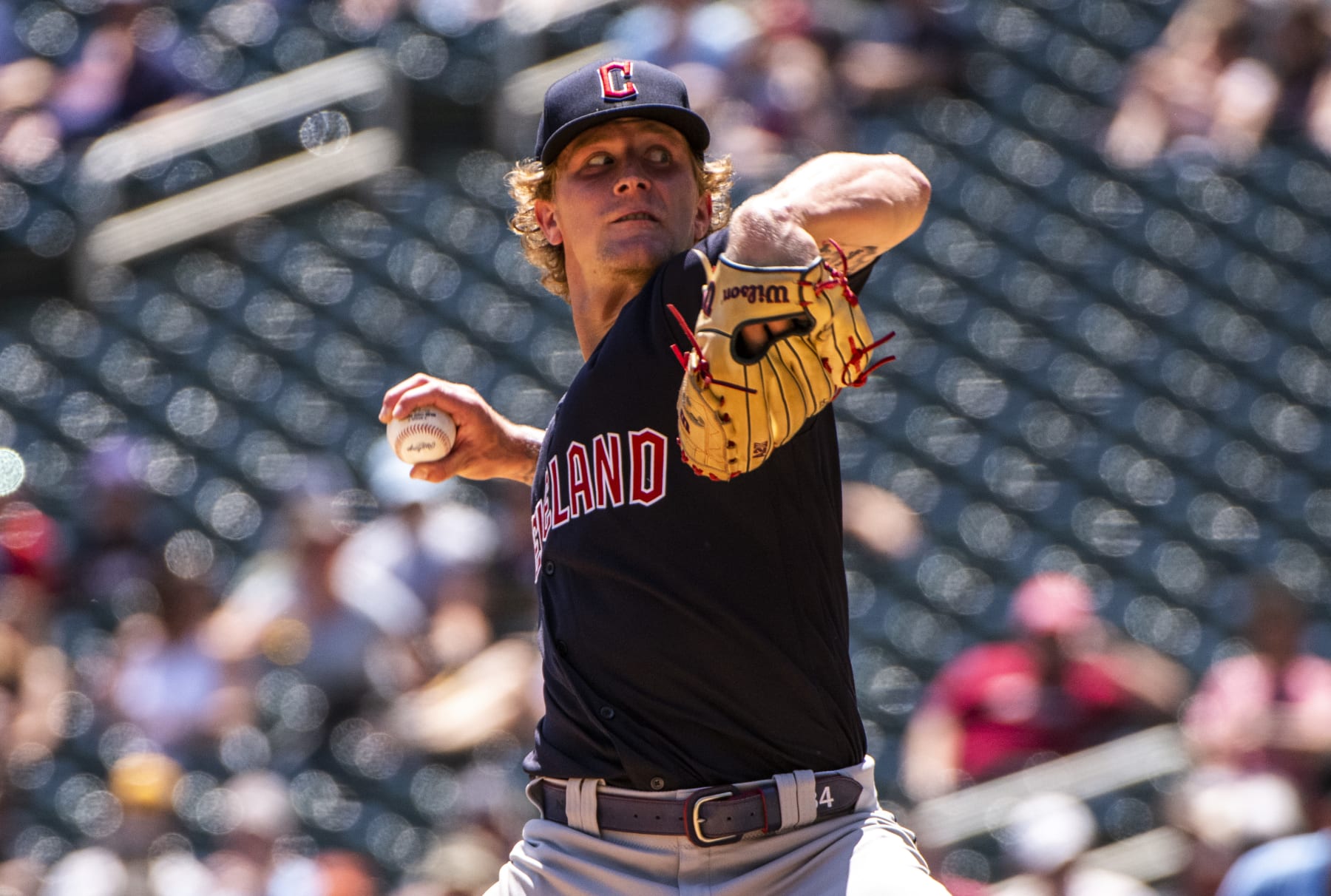 MINNEAPOLIS, MN - JUNE 23: Zach Plesac #34 of the Cleveland Guardians pitches the ball in the second inning of the game against the Minnesota Twins at Target Field on June 23, 2022 in Minneapolis, Minnesota. (Photo by Stephen Maturen/Getty Images)