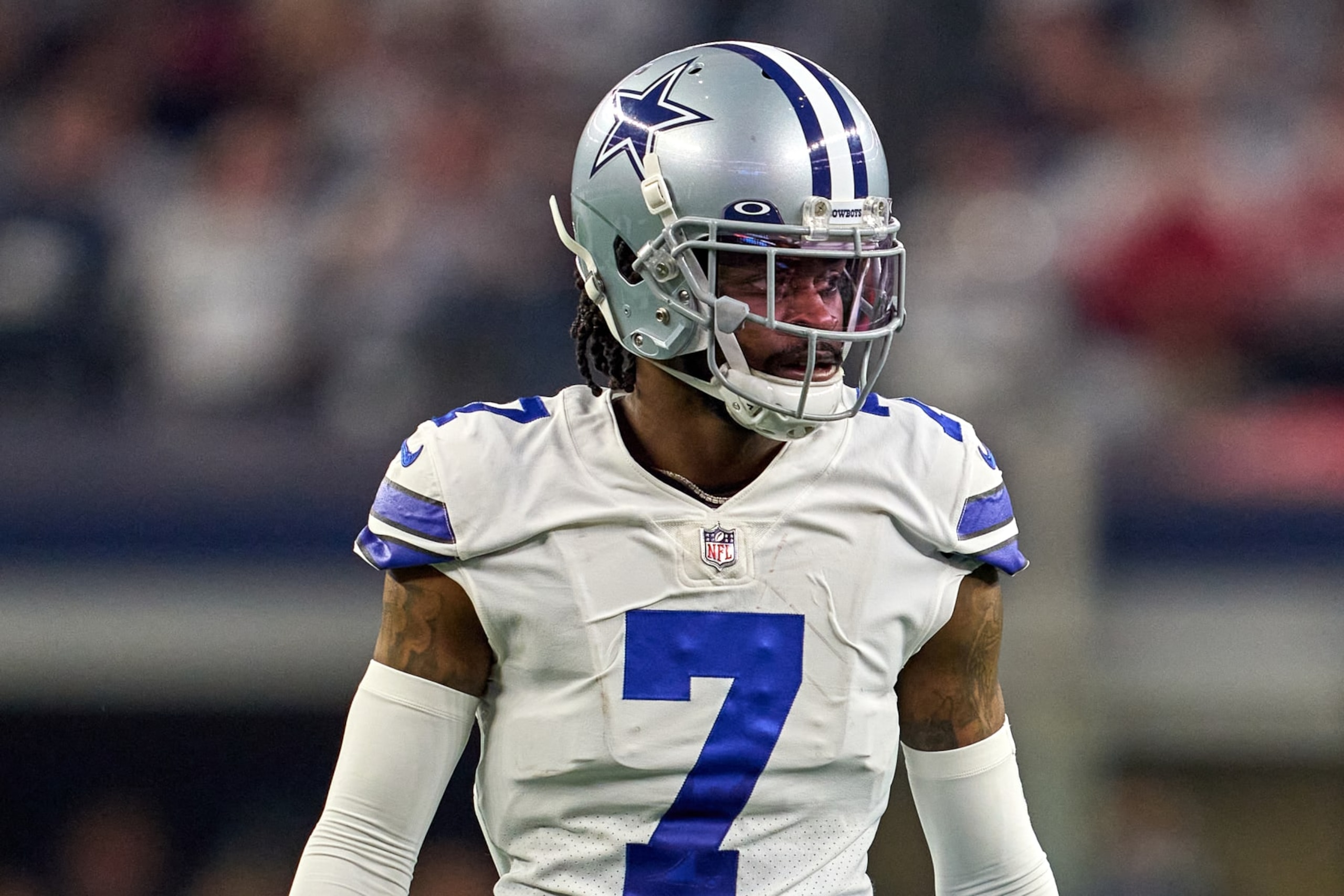 ARLINGTON, TX - JANUARY 16: Dallas Cowboys cornerback Trevon Diggs (7) looks on during the NFC Wild Card game between the San Francisco 49ers and the Dallas Cowboys on January 16, 2022 at AT&T Stadium in Arlington, TX. (Photo by Robin Alam/Icon Sportswire via Getty Images)
