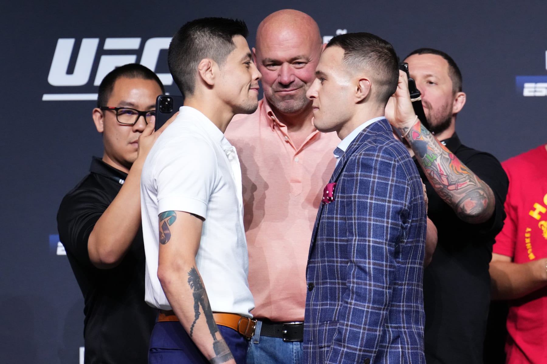DALLAS, TEXAS - JULY 28: (L-R) Brandon Moreno of Mexico and Kai Kara-France of New Zealand face off during the UFC 277 press conference at American Airlines Center on July 28, 2022 in Dallas, Texas. (Photo by Josh Hedges/Zuffa LLC) DALLAS, TEXAS - JULY 28: (L-R) Brandon Moreno of Mexico and Kai Kara-France of New Zealand face off during the UFC 277 press conference at American Airlines Center on July 28, 2022 in Dallas, Texas. (Photo by Josh Hedges/Zuffa LLC)