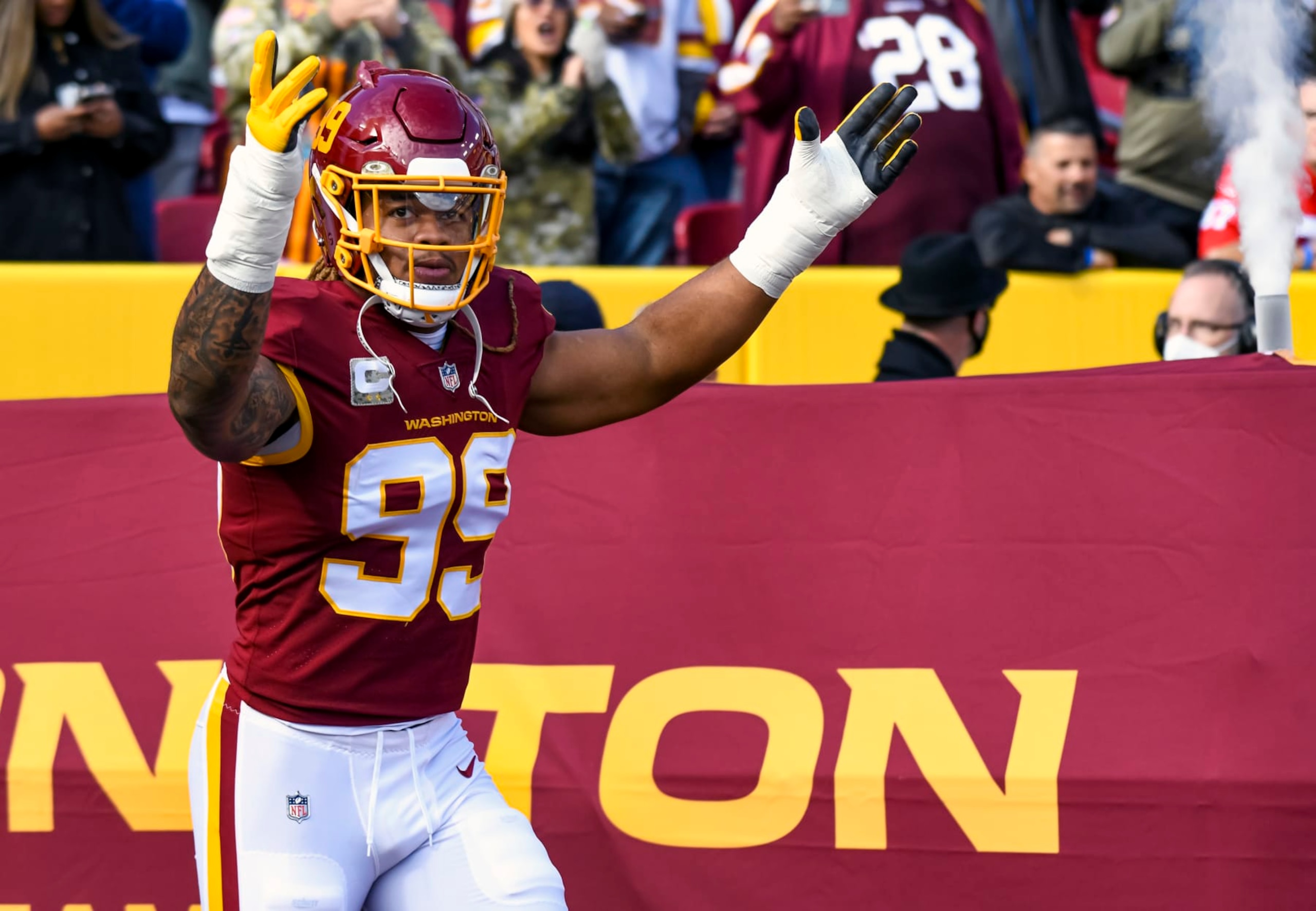 LANDOVER, MD - NOVEMBER 14: Washington Football Team defensive end Chase Young (99) takes the field for the NFL game between the Tampa Bay Buccaneers and the Washington Football Team on November 14, 2021 at Fed Ex Field in Landover, MD. (Photo by Mark Goldman/Icon Sportswire via Getty Images) LANDOVER, MD - NOVEMBER 14: Washington Football Team defensive end Chase Young (99) takes the field for the NFL game between the Tampa Bay Buccaneers and the Washington Football Team on November 14, 2021 at Fed Ex Field in Landover, MD. (Photo by Mark Goldman/Icon Sportswire via Getty Images)
