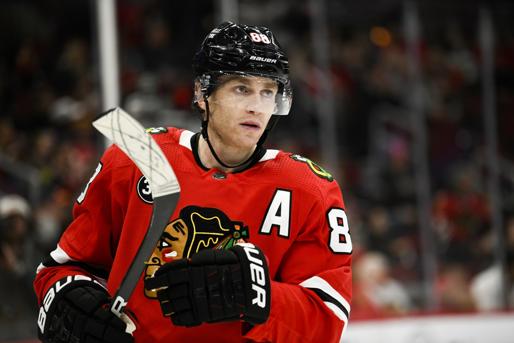 CHICAGO, IL - APRIL 25: Chicago Blackhawks Right Wing Patrick Kane (88) looks on during a NHL game between the Philadelphia Flyers and Chicago Blackhawks on April 25, 2022 at the United Center in Chicago, IL. (Photo by Chris Kohley/Icon Sportswire via Getty Images)