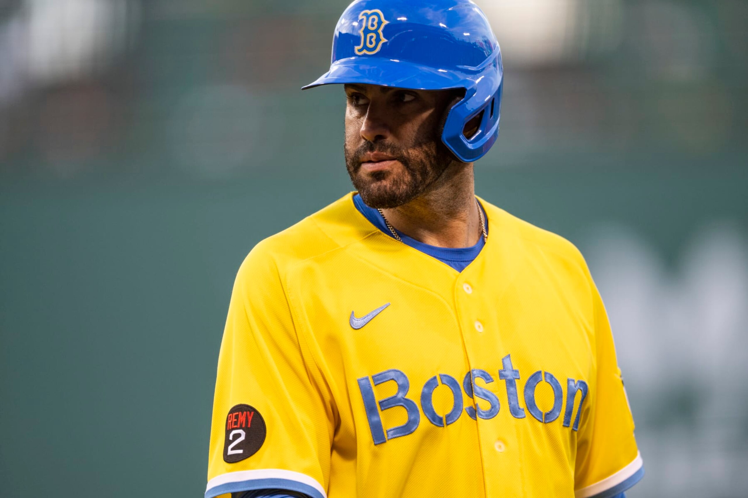 BOSTON, MA - JULY 27: J.D. Martinez #28 of the Boston Red Sox looks on during the second inning of a game against the Cleveland Guardians on July 27, 2022 at Fenway Park in Boston, Massachusetts. (Photo by Billie Weiss/Boston Red Sox/Getty Images)