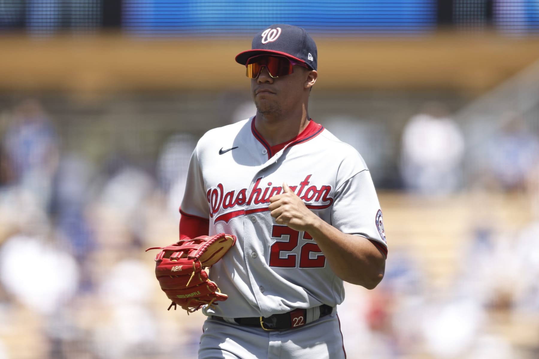 LOS ANGELES, CALIFORNIA - JULY 27: Juan Soto #22 of the Washington Nationals runs to the dugout during a game against the Los Angeles Dodgers in the fourth inning at Dodger Stadium on July 27, 2022 in Los Angeles, California. (Photo by Michael Owens/Getty Images)