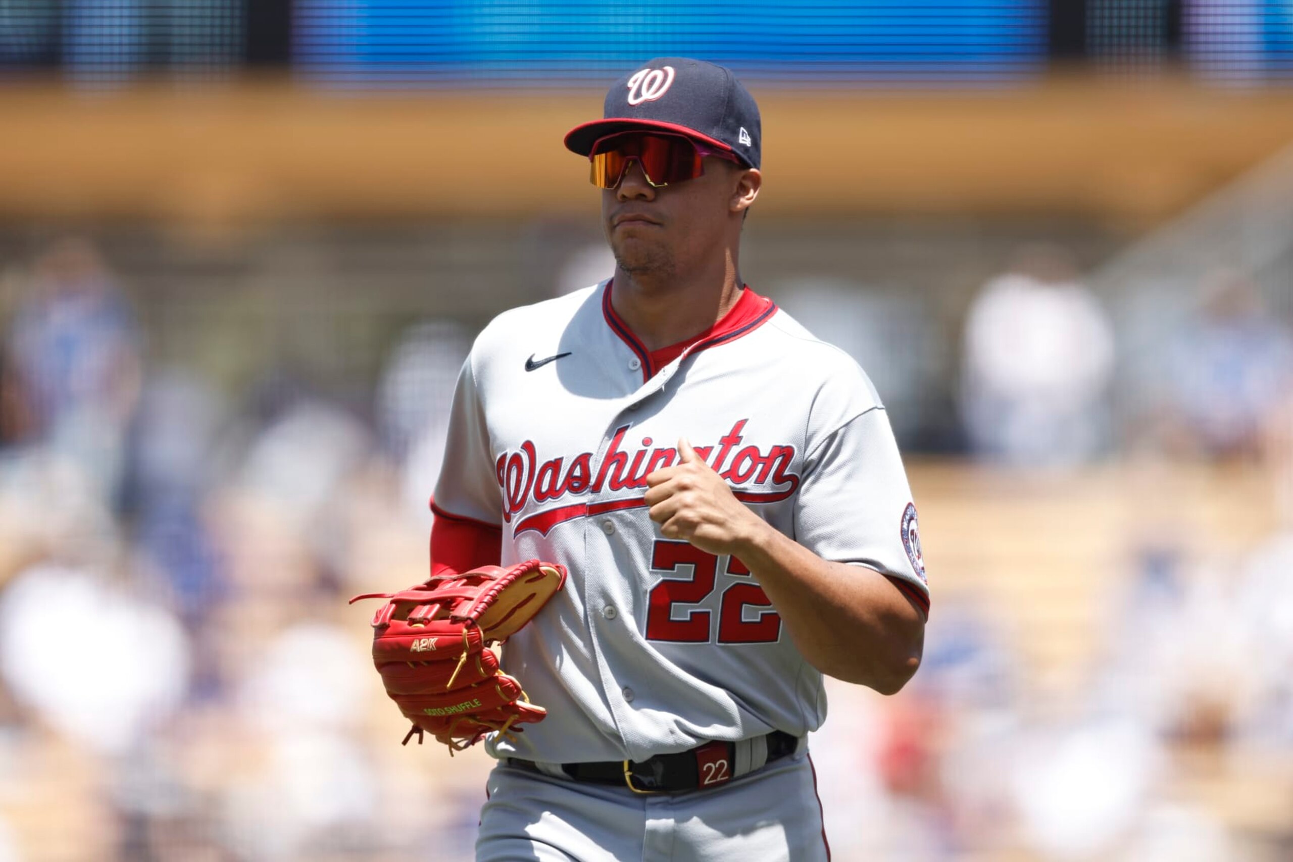 LOS ANGELES, CALIFORNIA - JULY 27: Juan Soto #22 of the Washington Nationals runs to the dugout during a game against the Los Angeles Dodgers in the fourth inning at Dodger Stadium on July 27, 2022 in Los Angeles, California. (Photo by Michael Owens/Getty Images)