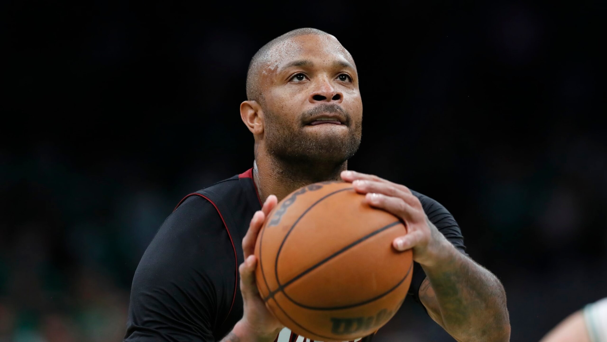 Miami Heat's P.J. Tucker plays against the Boston Celtics during the second half of Game 3 of the NBA basketball Eastern Conference finals playoff series, Saturday, May 21, 2022, in Boston. (AP Photo/Michael Dwyer)