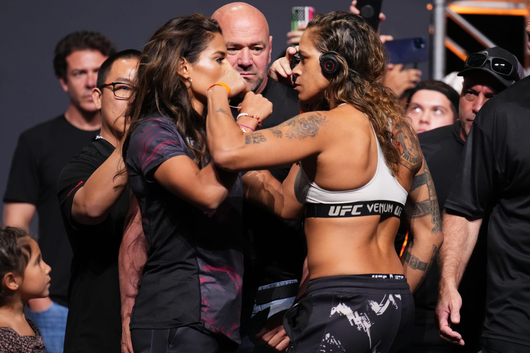 DALLAS, TEXAS - JULY 29: (L-R) Julianna Pena and Amanda Nunes of Brazil face off during the UFC 277 ceremonial weigh-in at American Airlines Center on July 29, 2022 in Dallas, Texas. (Photo by Josh Hedges/Zuffa LLC)