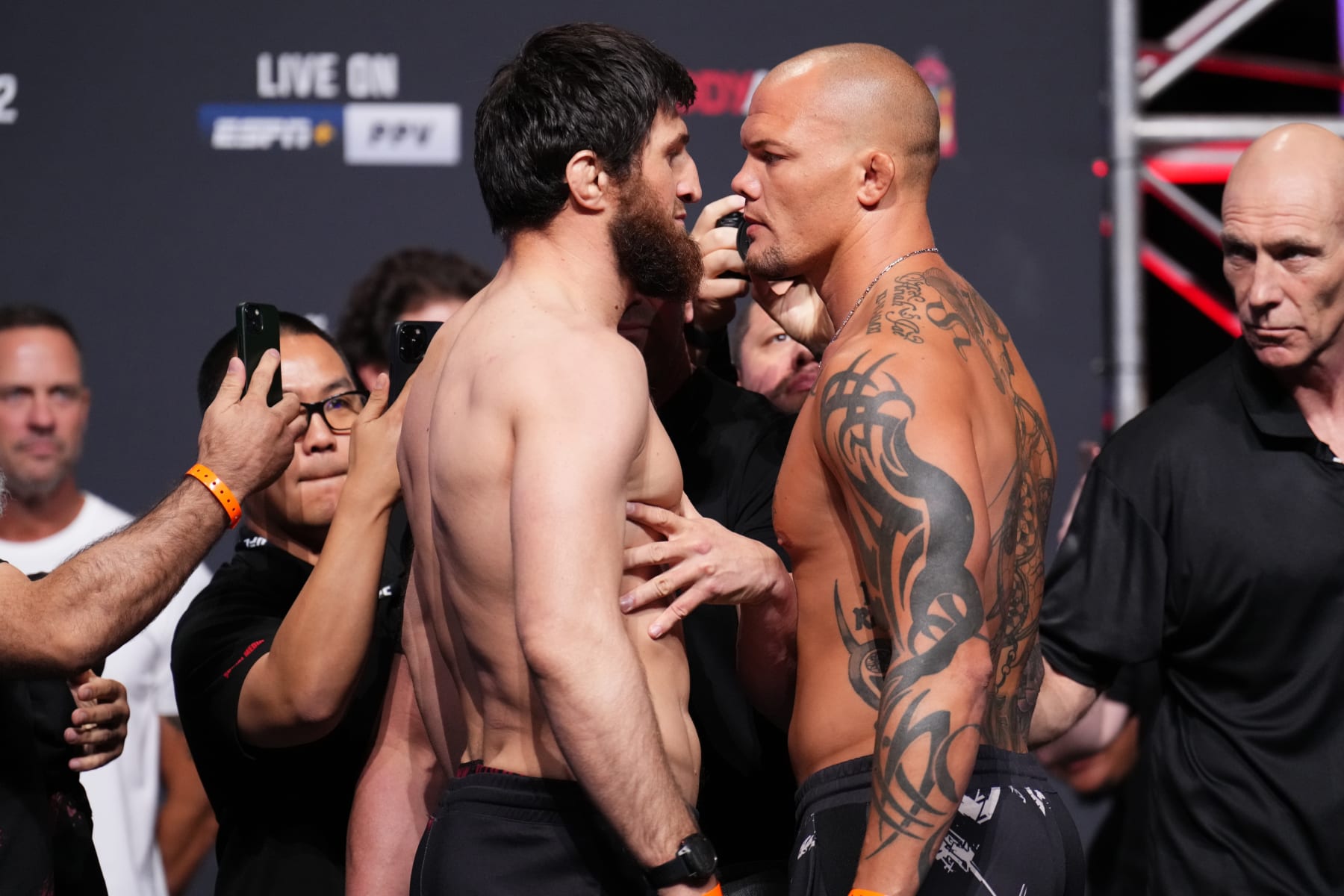 DALLAS, TEXAS - JULY 29: (L-R) Magomed Ankalaev of Russia and Anthony Smith face off during the UFC 277 ceremonial weigh-in at American Airlines Center on July 29, 2022 in Dallas, Texas. (Photo by Josh Hedges/Zuffa LLC)