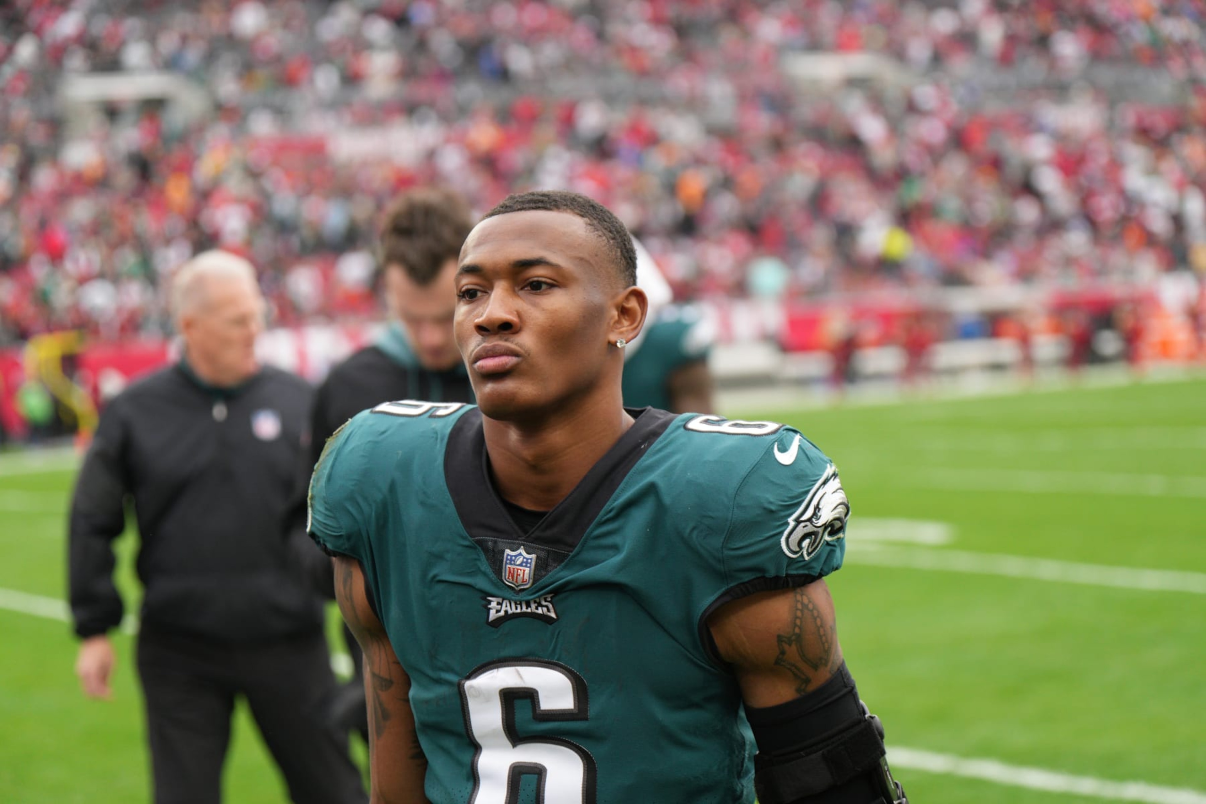 TAMPA, FL - JANUARY 16: Philadelphia Eagles wide receiver DeVonta Smith (6) looks on during the game between the Philadelphia Eagles and the Tampa Bay Buccaneers on January 16, 2022 at Raymond James Stadium in Tampa, FL. (Photo by Andy Lewis/Icon Sportswire via Getty Images) TAMPA, FL - JANUARY 16: Philadelphia Eagles wide receiver DeVonta Smith (6) looks on during the game between the Philadelphia Eagles and the Tampa Bay Buccaneers on January 16, 2022 at Raymond James Stadium in Tampa, FL. (Photo by Andy Lewis/Icon Sportswire via Getty Images)