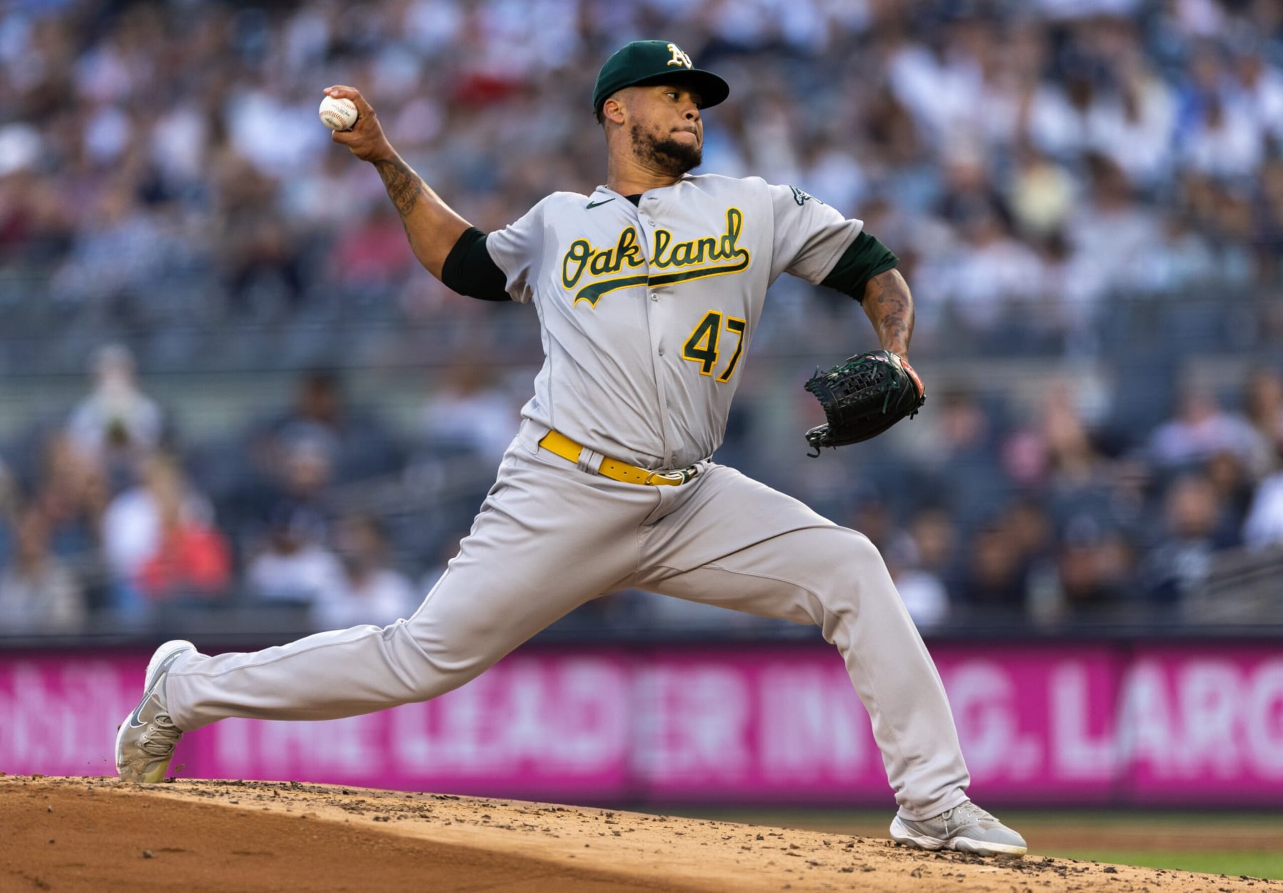 NEW YORK, NEW YORK - JUNE 28: Frankie Montas #47 of the Oakland Athletics throws a pitch during the first inning of the game against the New York Yankees at Yankee Stadium on June 28, 2022 in New York City. (Photo by Dustin Satloff/Getty Images) NEW YORK, NEW YORK - JUNE 28: Frankie Montas #47 of the Oakland Athletics throws a pitch during the first inning of the game against the New York Yankees at Yankee Stadium on June 28, 2022 in New York City. (Photo by Dustin Satloff/Getty Images)