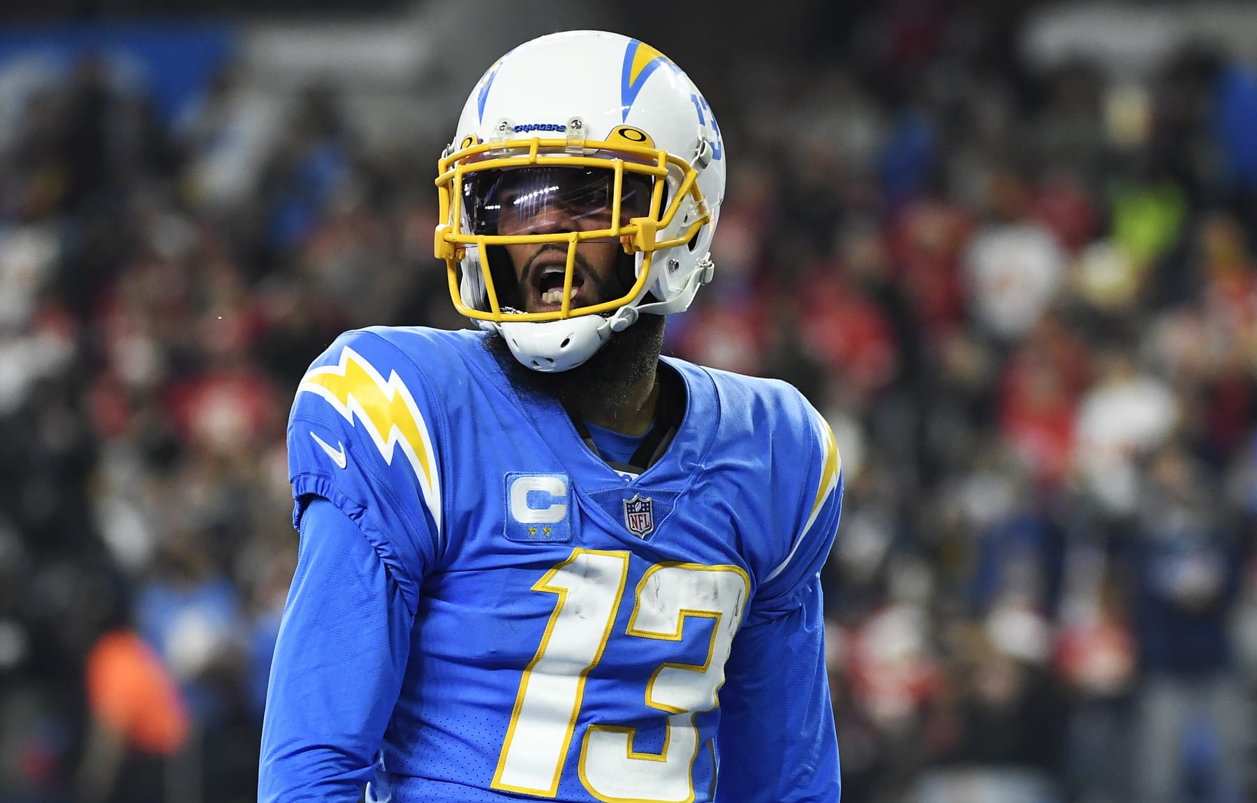INGLEWOOD, CALIFORNIA - DECEMBER 16: Keenan Allen #13 of the Los Angeles Chargers reacts after scoring a touchdown during the fourth quarter against the Kansas City Chiefs at SoFi Stadium on December 16, 2021 in Inglewood, California. (Photo by Kevork Djansezian/Getty Images)