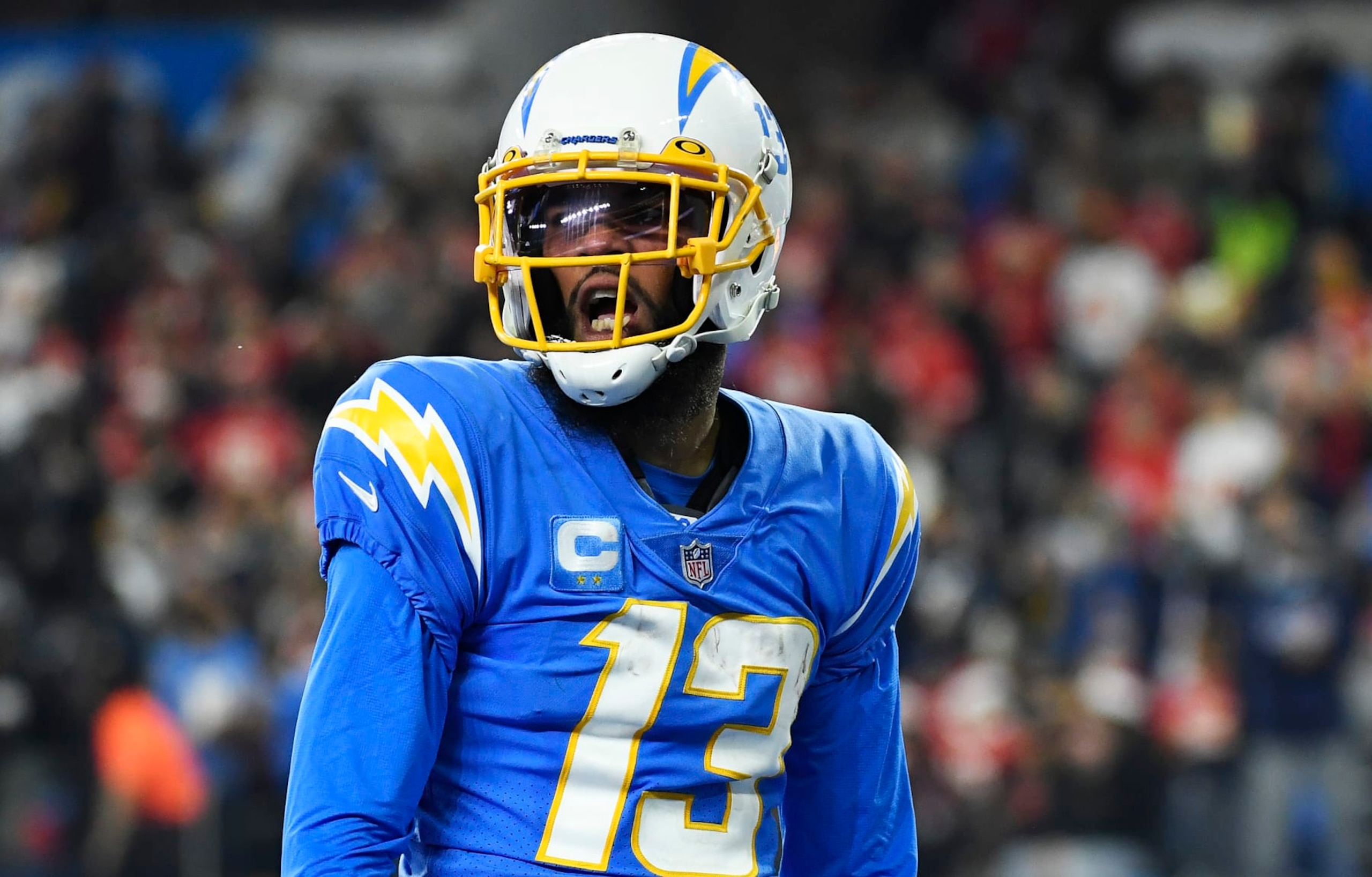 INGLEWOOD, CALIFORNIA - DECEMBER 16: Keenan Allen #13 of the Los Angeles Chargers reacts after scoring a touchdown during the fourth quarter against the Kansas City Chiefs at SoFi Stadium on December 16, 2021 in Inglewood, California. (Photo by Kevork Djansezian/Getty Images)
