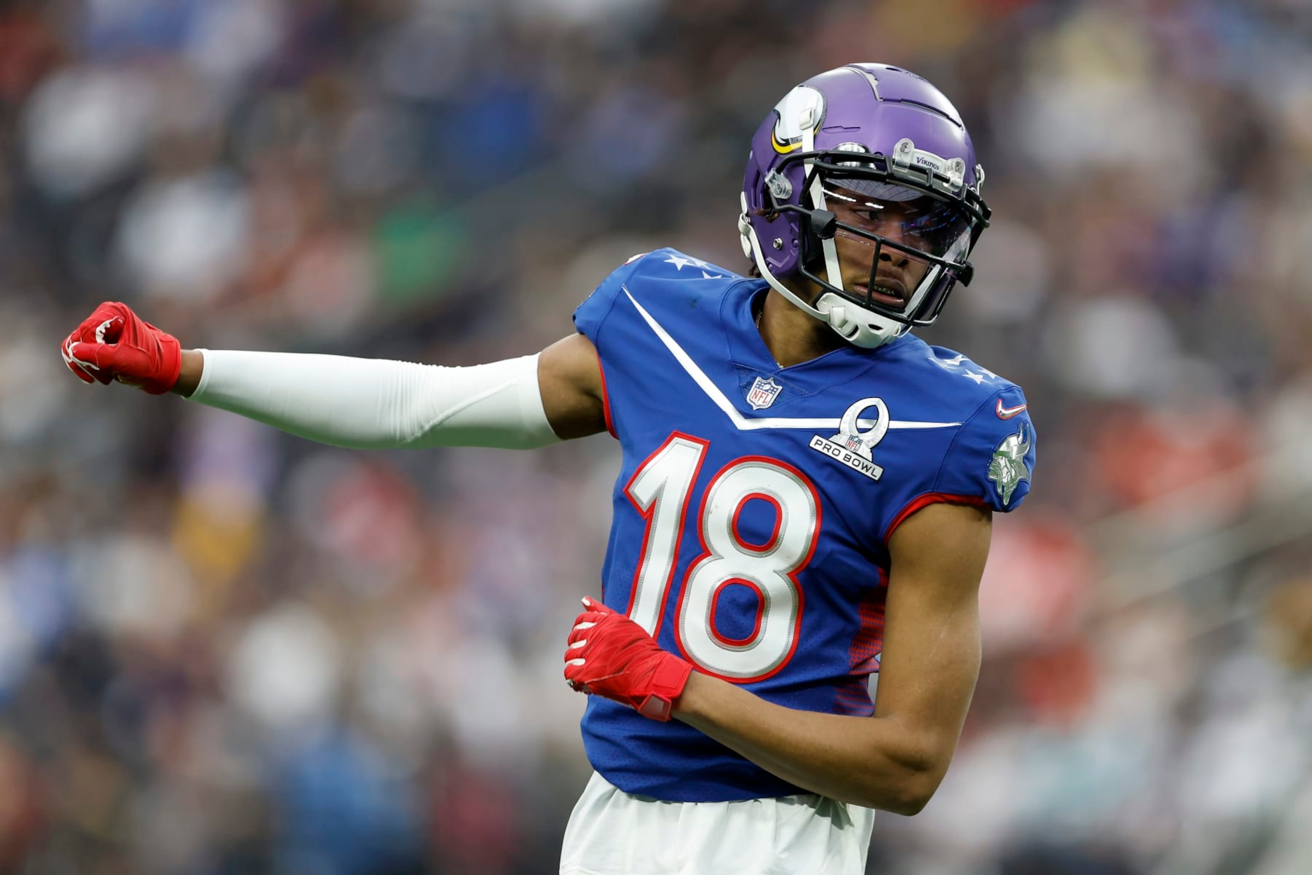 LAS VEGAS, NEVADA - FEBRUARY 06: Justin Jefferson #18 of the Minnesota Vikings and NFC reacts in the first quarter of the 2022 NFL Pro Bowl against the AFC at Allegiant Stadium on February 06, 2022 in Las Vegas, Nevada. (Photo by Christian Petersen/Getty Images)