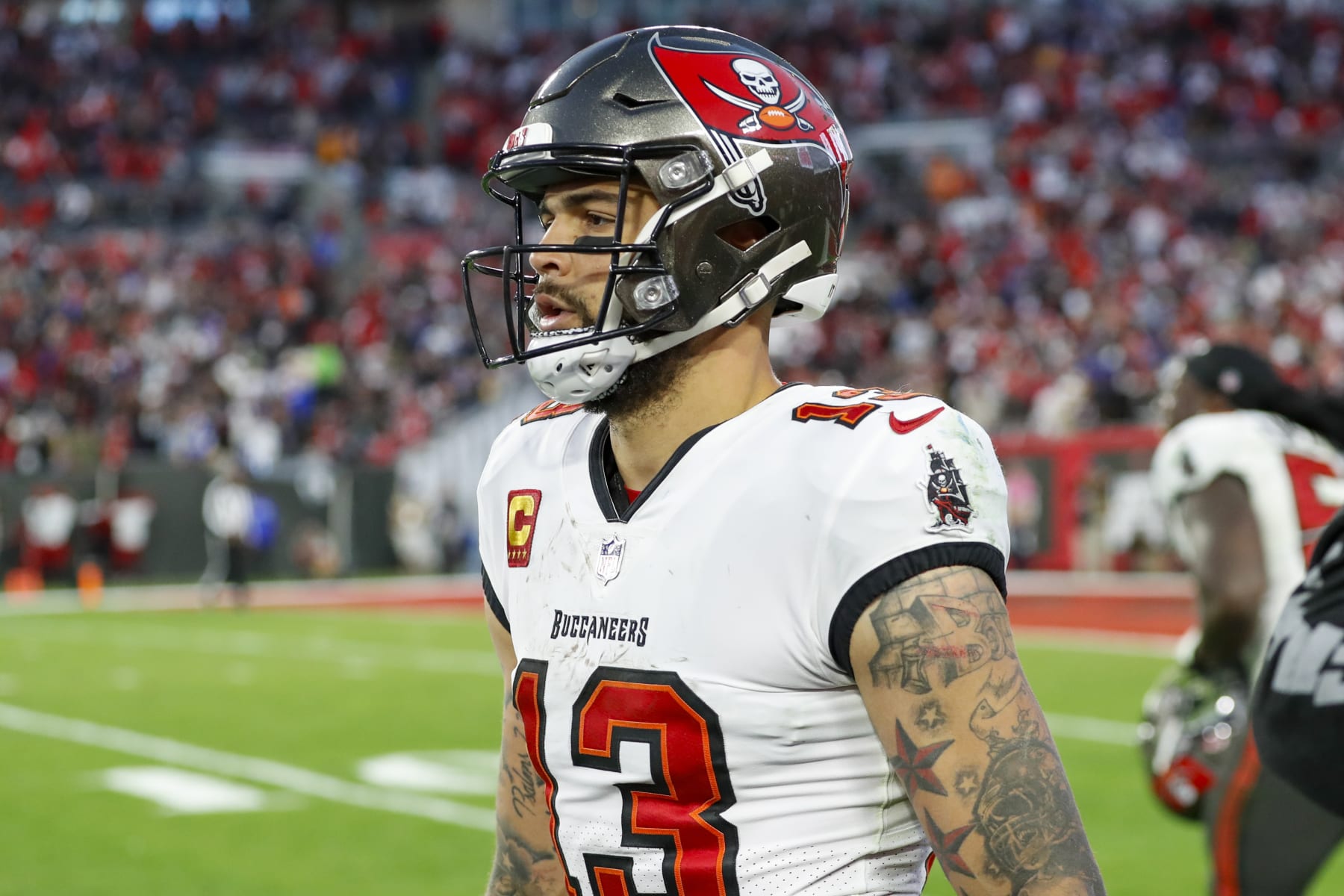 TAMPA, FL - JANUARY 23: Tampa Bay Buccaneers wide receiver Mike Evans (13) during the NFC Divisional playoff game between the Los Angeles Rams and the Tampa Bay Buccaneers on January 23, 2022, at Raymond James Stadium in Tampa , FL. (Photo by Jordon Kelly/Icon Sportswire via Getty Images)