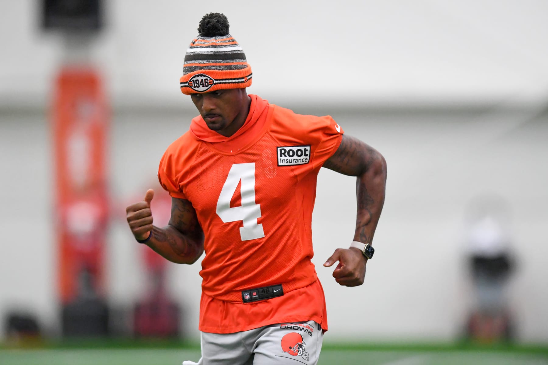 BEREA, OH - JULY 27: Deshaun Watson #4 of the Cleveland Browns runs a drill during Cleveland Browns training camp at CrossCountry Mortgage Campus on July 27, 2022 in Berea, Ohio. (Photo by Nick Cammett/Getty Images)