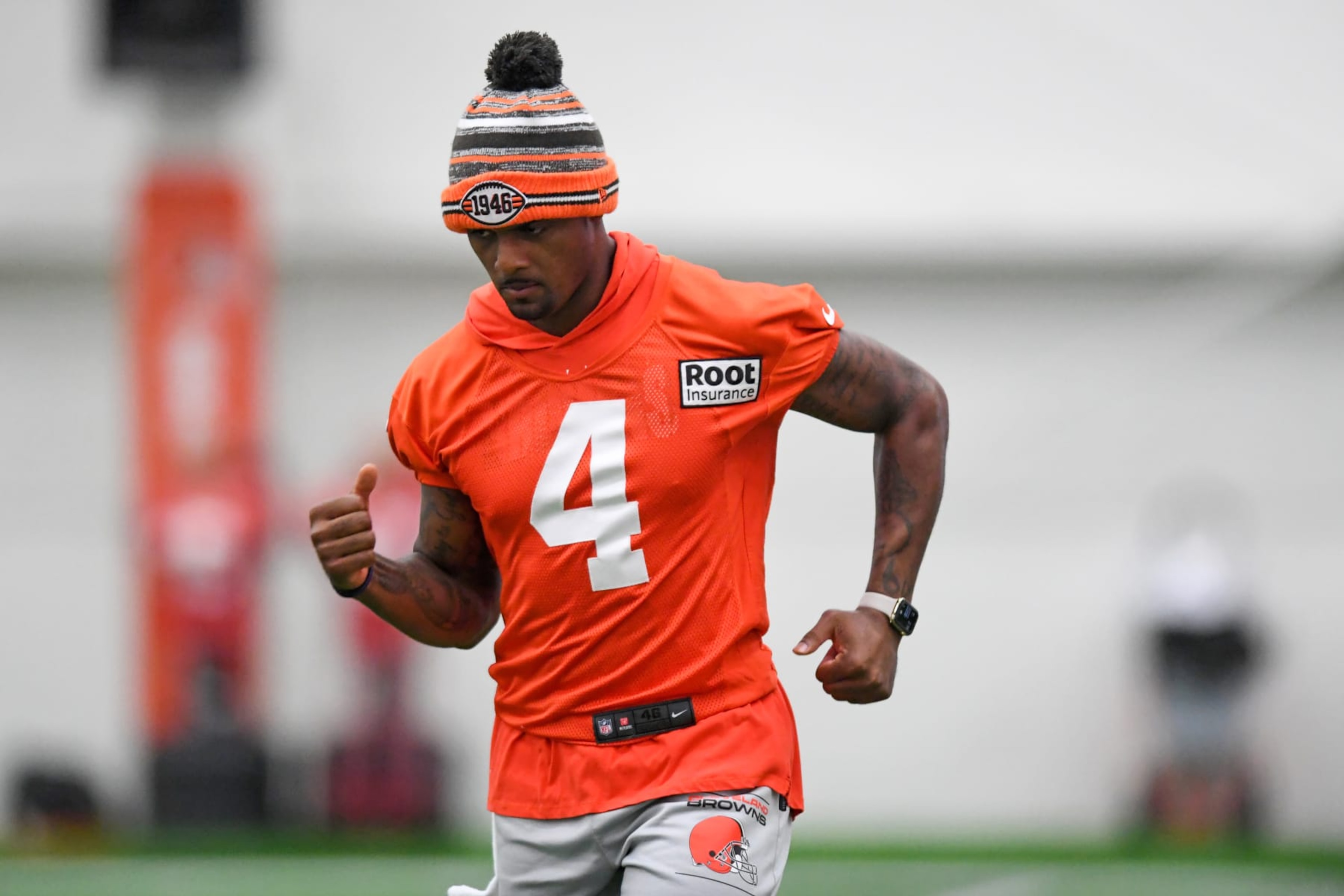 BEREA, OH - JULY 27: Deshaun Watson #4 of the Cleveland Browns runs a drill during Cleveland Browns training camp at CrossCountry Mortgage Campus on July 27, 2022 in Berea, Ohio. (Photo by Nick Cammett/Getty Images) BEREA, OH - JULY 27: Deshaun Watson #4 of the Cleveland Browns runs a drill during Cleveland Browns training camp at CrossCountry Mortgage Campus on July 27, 2022 in Berea, Ohio. (Photo by Nick Cammett/Getty Images)