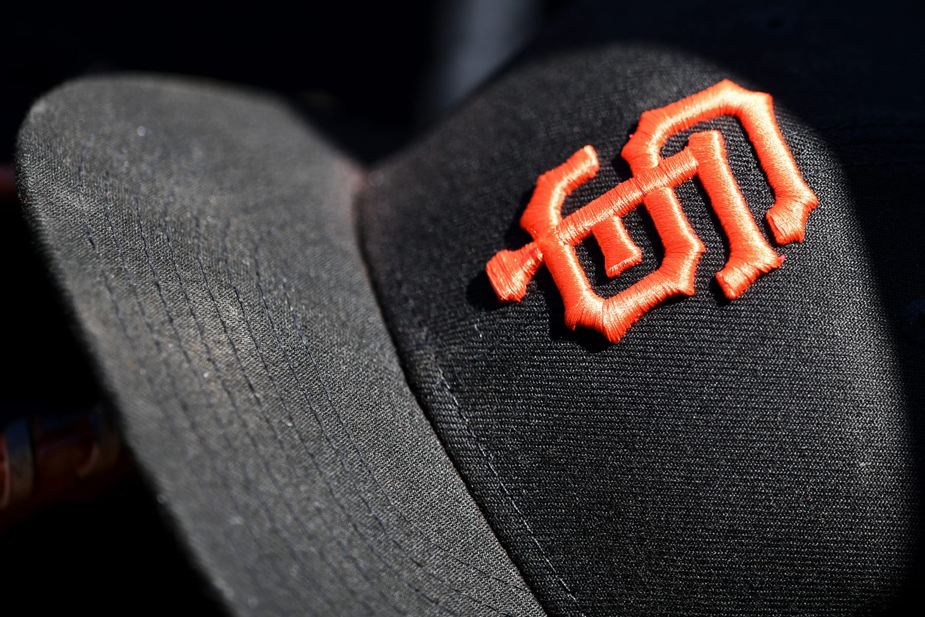 WASHINGTON, DC - APRIL 24, 2022: A closeup of the San Francisco Giants logo on a hat during the seventh inning against the Washington Nationals at Nationals Park on April 24, 2022 in Washington, DC. (Photo by Chris Bernacchi/Diamond Images via Getty Images)