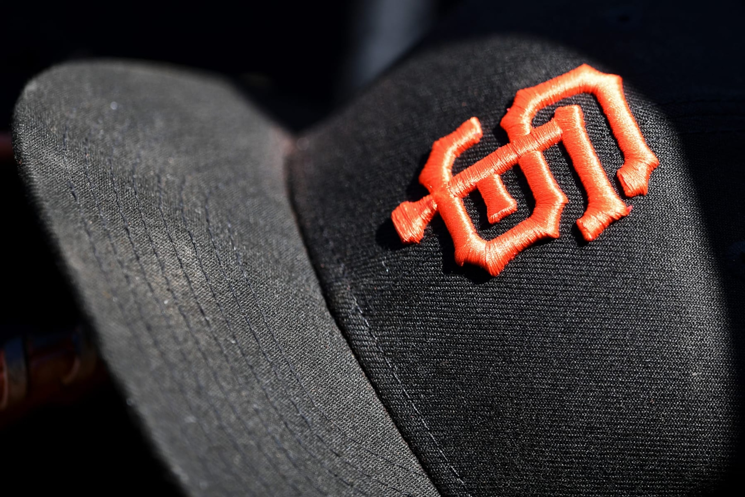 WASHINGTON, DC - APRIL 24, 2022: A closeup of the San Francisco Giants logo on a hat during the seventh inning against the Washington Nationals at Nationals Park on April 24, 2022 in Washington, DC. (Photo by Chris Bernacchi/Diamond Images via Getty Images)