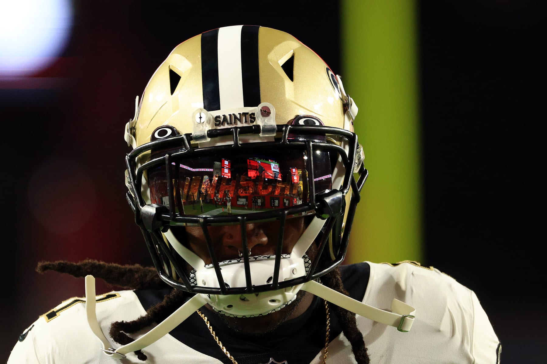TAMPA, FLORIDA - DECEMBER 19:  Alvin Kamara #41 of the New Orleans Saints warms up prior to the game against the Tampa Bay Buccaneers at Raymond James Stadium on December 19, 2021 in Tampa, Florida. (Photo by Mike Ehrmann/Getty Images)