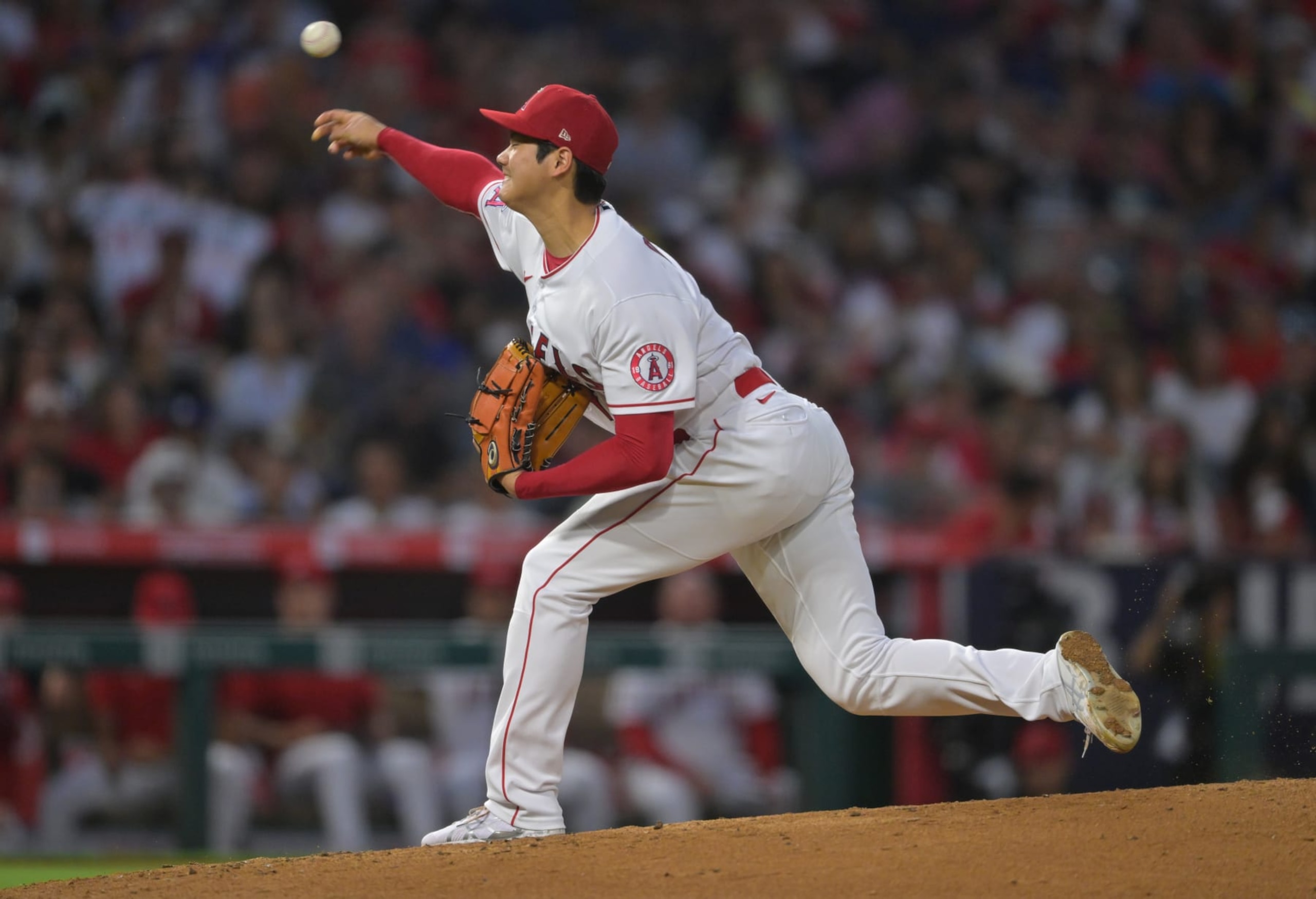 ANAHEIM, CA - JULY 28: Shohei Ohtani #17 of the Los Angeles Angels pitches in the fifth inning against the Texas Rangers at Angel Stadium of Anaheim on July 28, 2022 in Anaheim, California. (Photo by Jayne Kamin-Oncea/Getty Images)