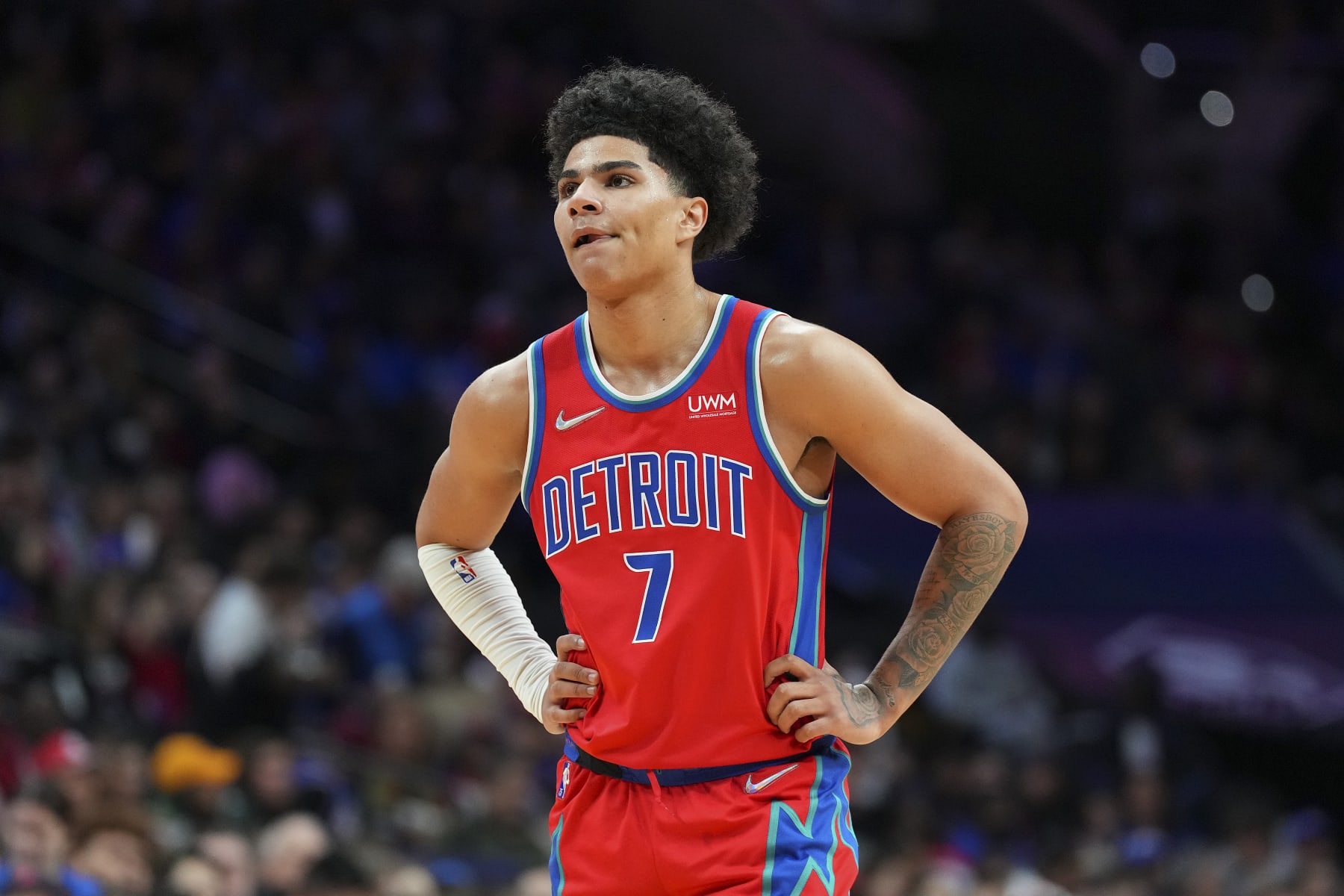 PHILADELPHIA, PA - APRIL 10: Killian Hayes #7 of the Detroit Pistons looks on against the Philadelphia 76ers at the Wells Fargo Center on April 10, 2022 in Philadelphia, Pennsylvania. The 76ers defeated the Pistons 118-106. NOTE TO USER: User expressly acknowledges and agrees that, by downloading and or using this photograph, User is consenting to the terms and conditions of the Getty Images License Agreement. (Photo by Mitchell Leff/Getty Images)