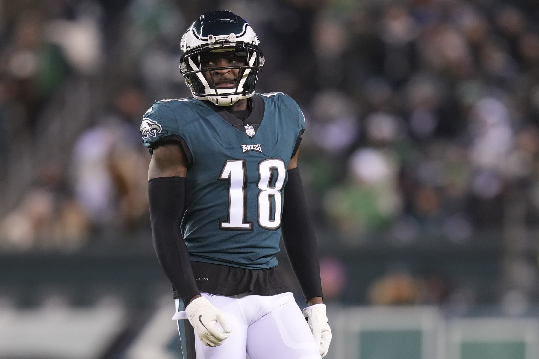 PHILADELPHIA, PA - JANUARY 08: Jalen Reagor #18 of the Philadelphia Eagles looks on against the Dallas Cowboys at Lincoln Financial Field on January 8, 2022 in Philadelphia, Pennsylvania. (Photo by Mitchell Leff/Getty Images)