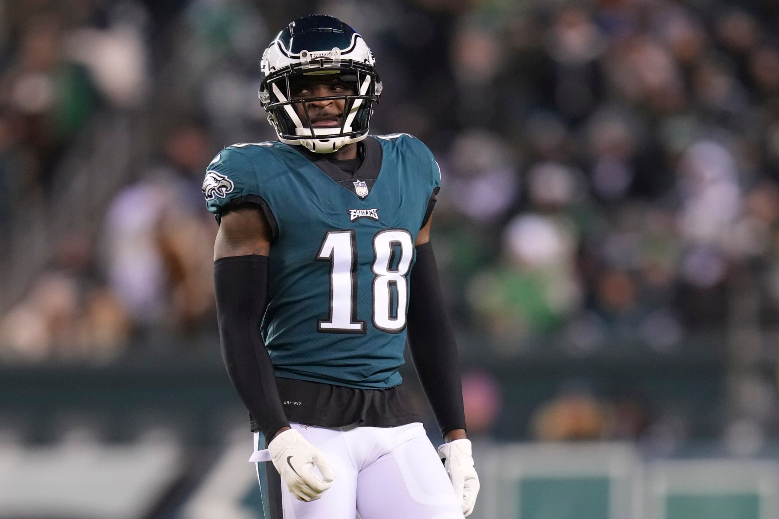 PHILADELPHIA, PA - JANUARY 08: Jalen Reagor #18 of the Philadelphia Eagles looks on against the Dallas Cowboys at Lincoln Financial Field on January 8, 2022 in Philadelphia, Pennsylvania. (Photo by Mitchell Leff/Getty Images)