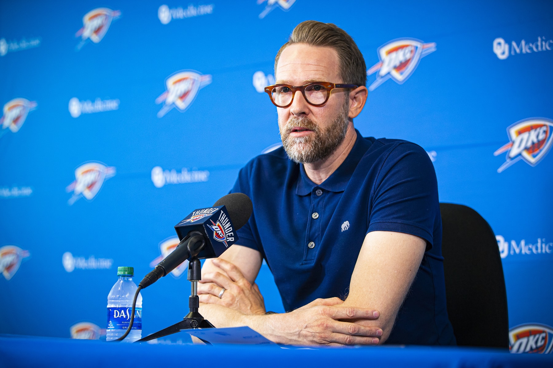 OKLAHOMA CITY, OK - SEPTEMBER 26: Oklahoma City Thunder General Manager Sam Presti speaks to media at preseason media availability at the Thunder ION on September 26, 2019 in Oklahoma City, OKlahoma. NOTE TO USER: User expressly acknowledges and agrees that, by downloading and or using this photograph, User is consenting to the terms and conditions of the Getty Images License Agreement. Mandatory Copyright Notice: Copyright 2019 NBAE (Photo by Zach Beeker/NBAE via Getty Images)